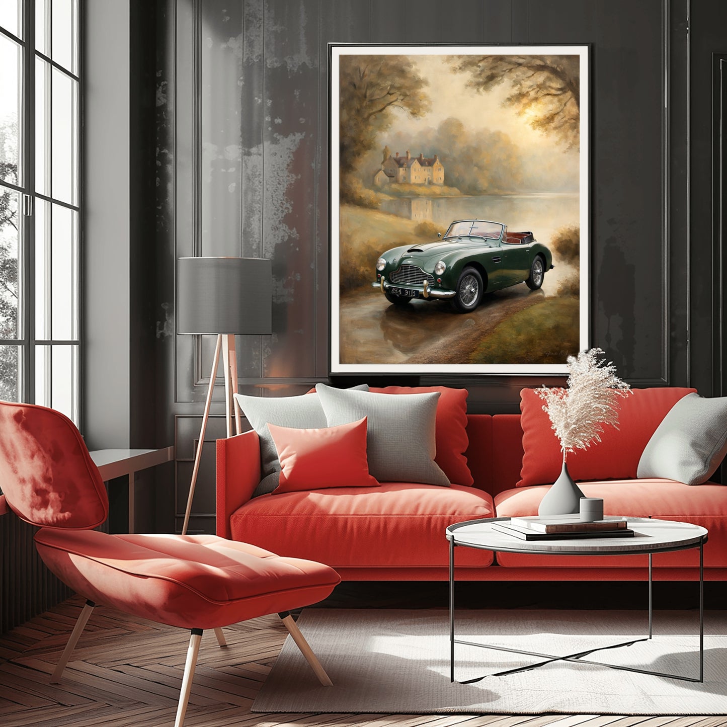 Misty lakeside vintage car print by AquilVision displayed above red sofa in modern living room