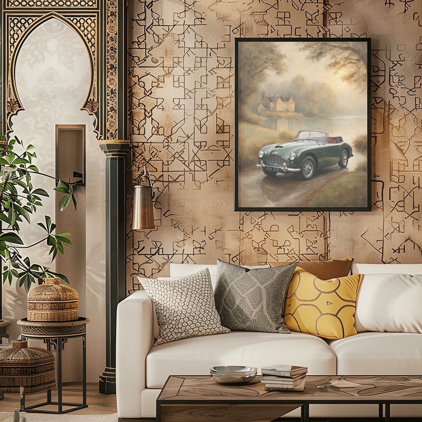 Misty lakeside vintage car print by AquilVision hanging above sofa in stylish living room