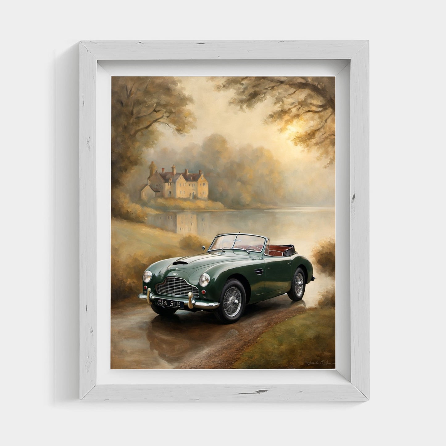 Misty lakeside vintage car print featuring a classic green convertible near a foggy lake with trees and houses