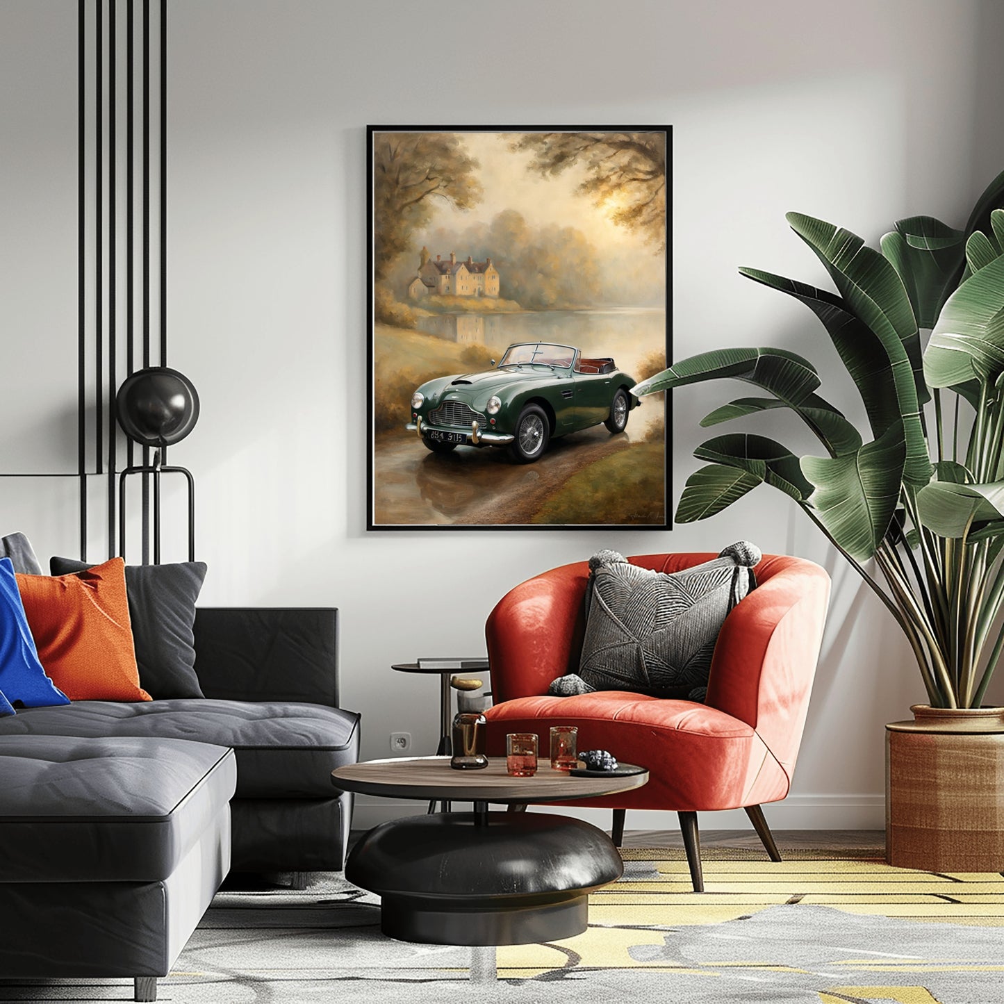 Misty lakeside vintage car print by AquilVision hanging in modern living room with orange chair and black sofa