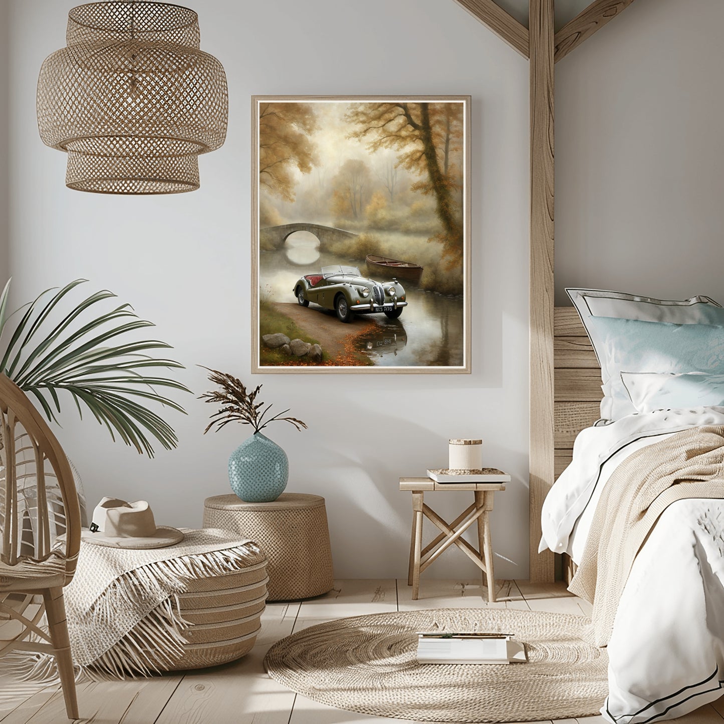 Misty riverside art print by AquilVision featuring a classic car near a stone bridge in a serene autumn landscape