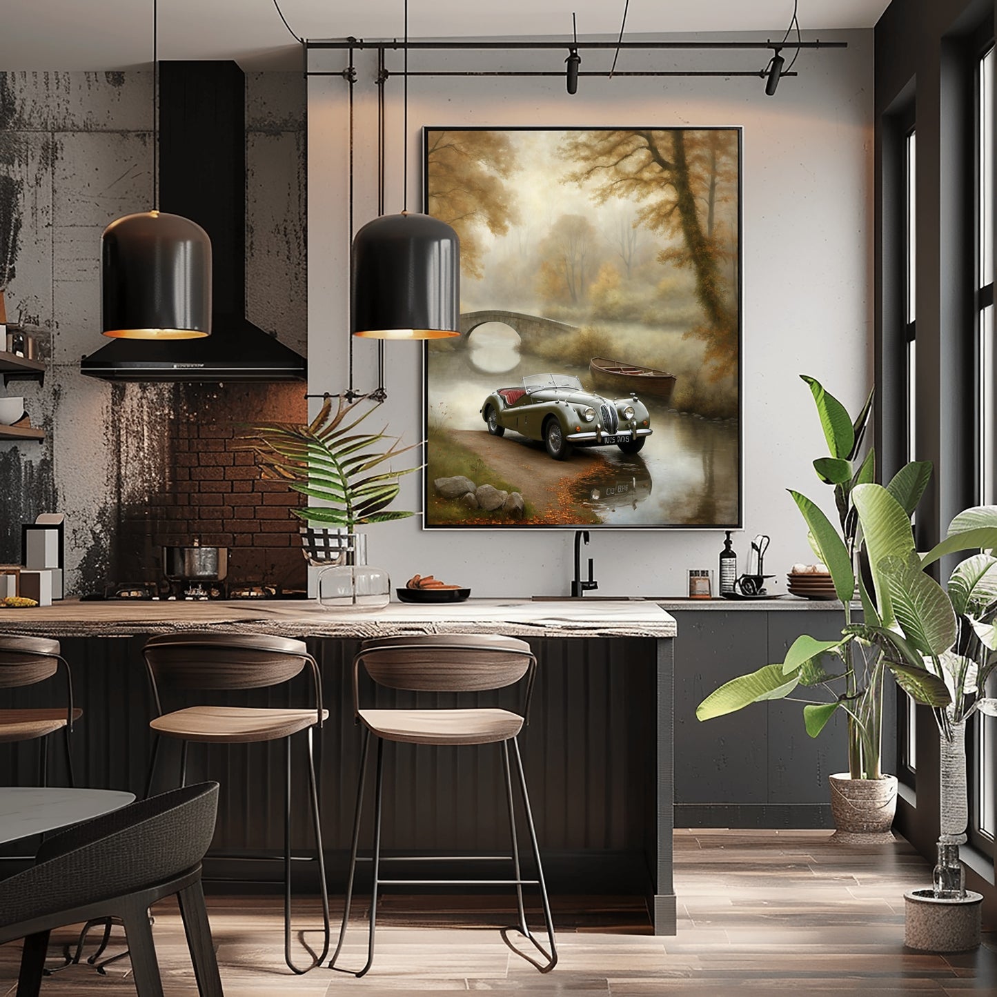 Misty riverside art print by AquilVision featuring a vintage car near a foggy bridge in a serene landscape