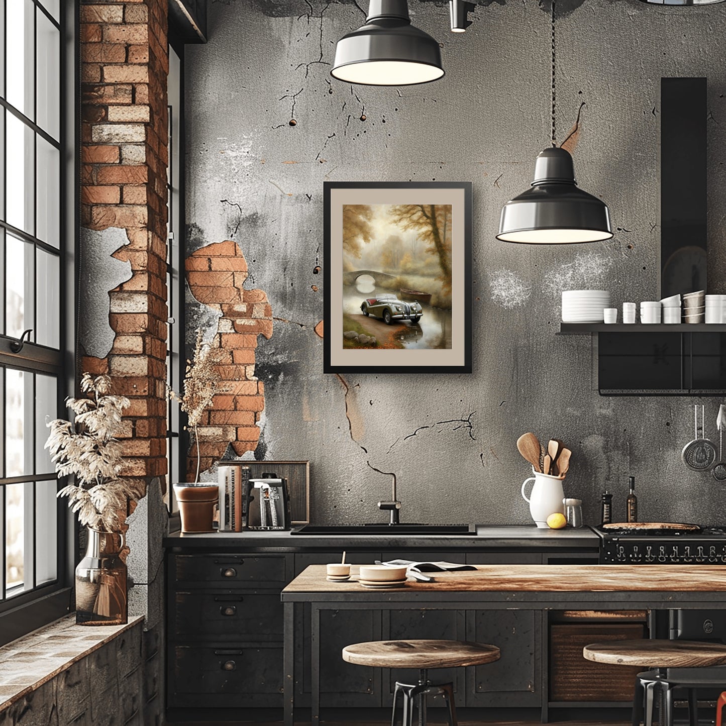 Misty riverside art print by AquilVision hanging in industrial kitchen with exposed brick and modern lighting