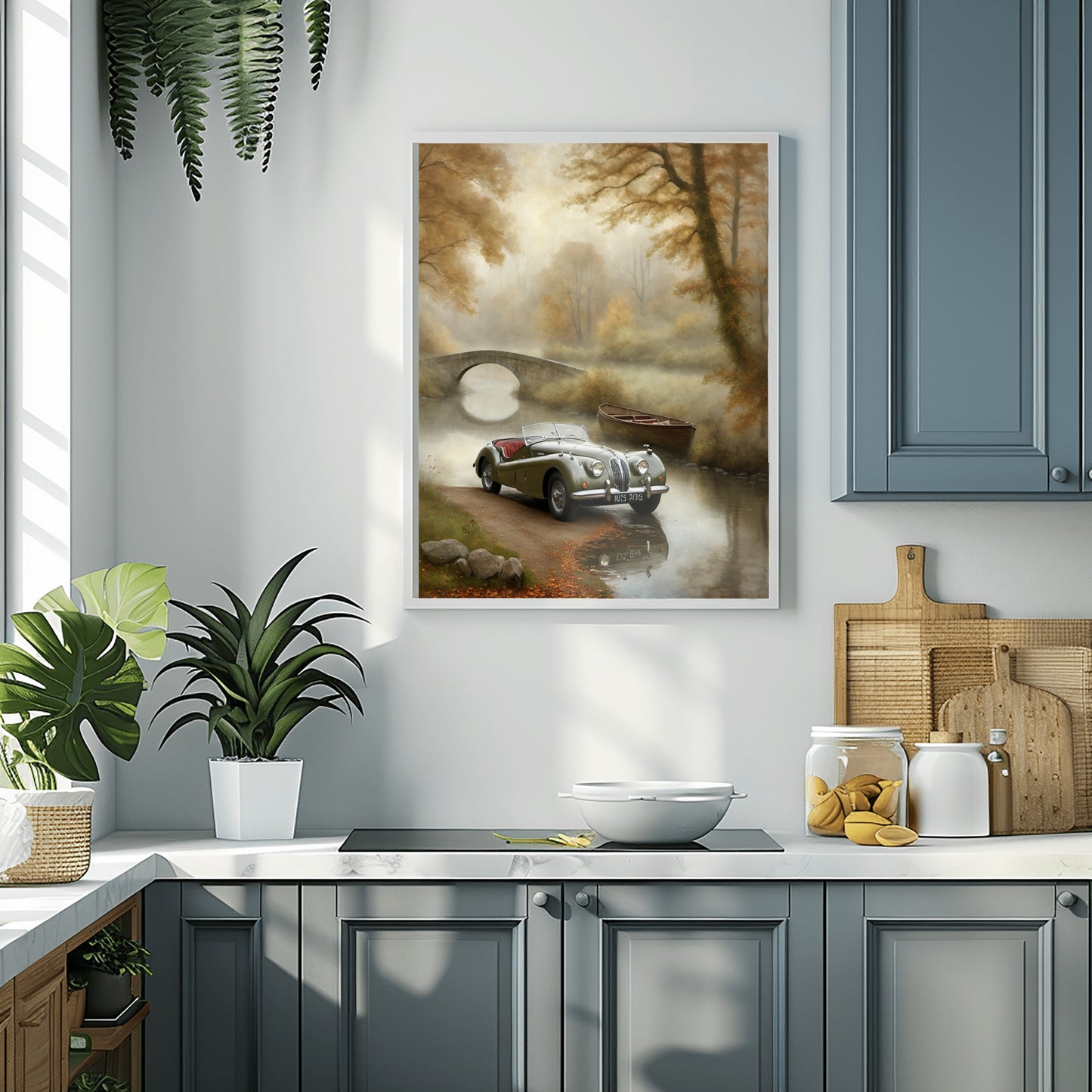 Misty riverside art print by AquilVision showing a vintage car by a river with a stone bridge and boat in a misty forest