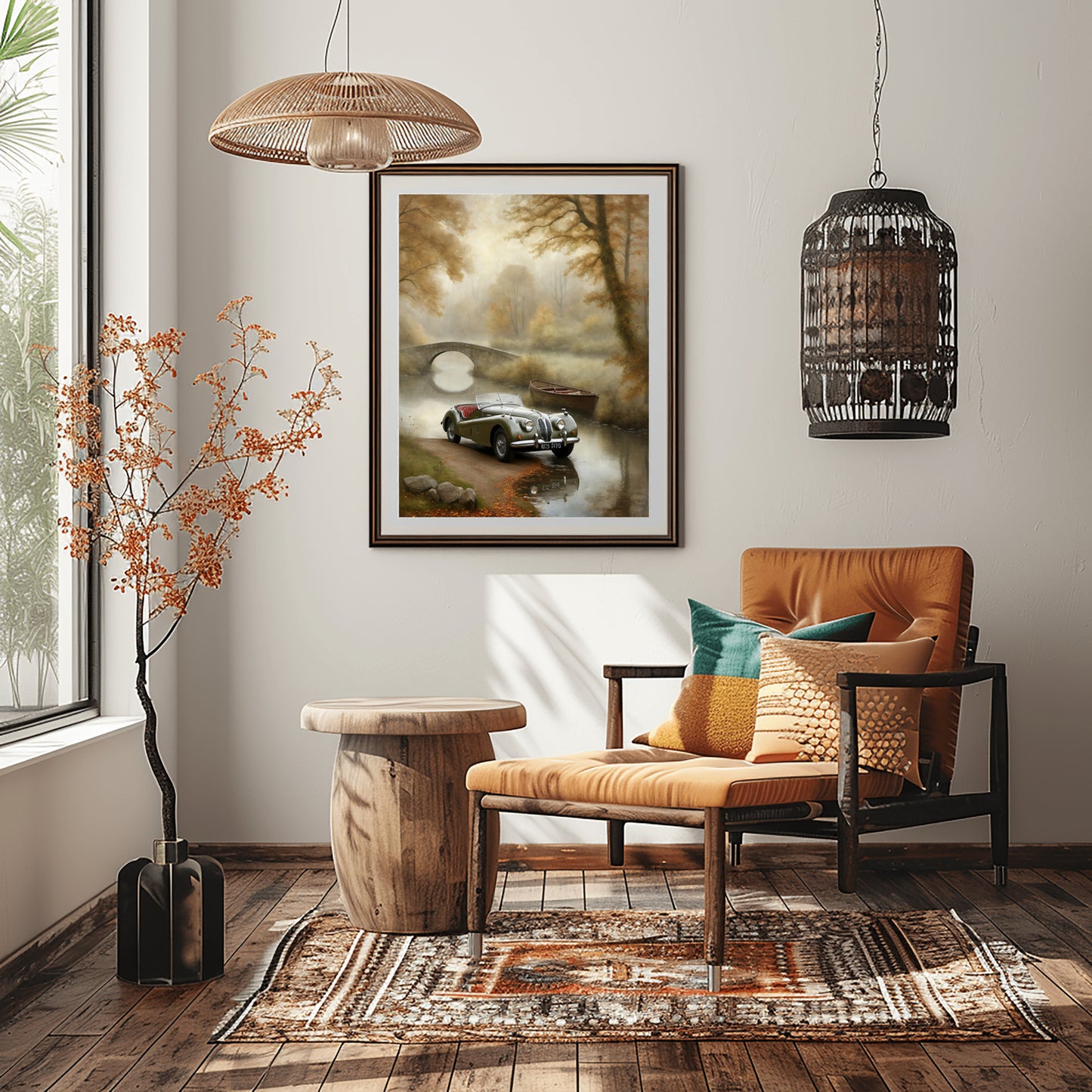 Misty riverside art print by AquilVision displayed in cozy living room with armchair and decorative accents