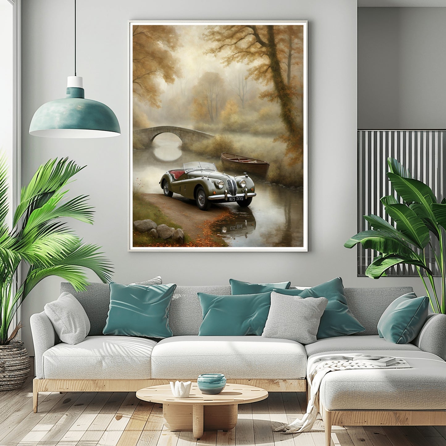 Misty riverside art print by AquilVision featuring a vintage car and boat near a stone bridge in autumn