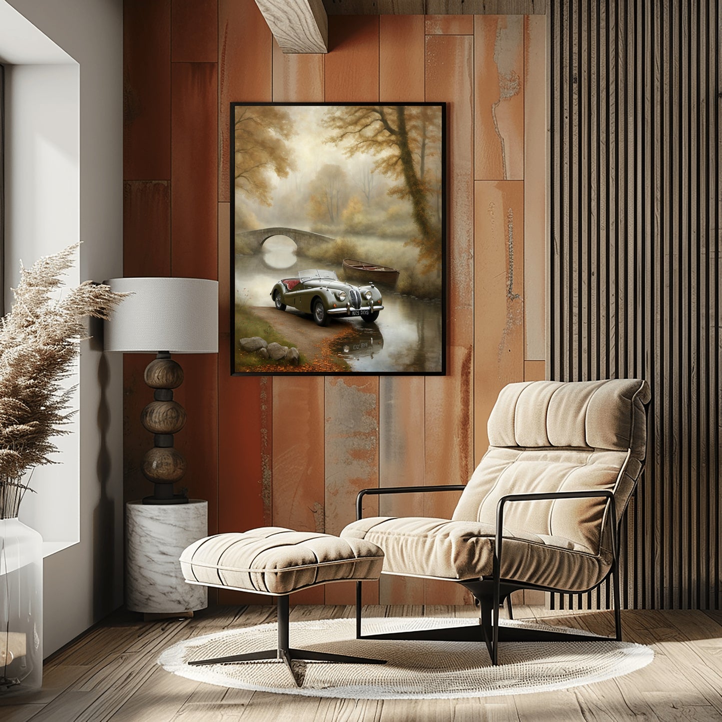 Misty riverside art print by AquilVision displayed in modern living room with beige lounge chair and ottoman