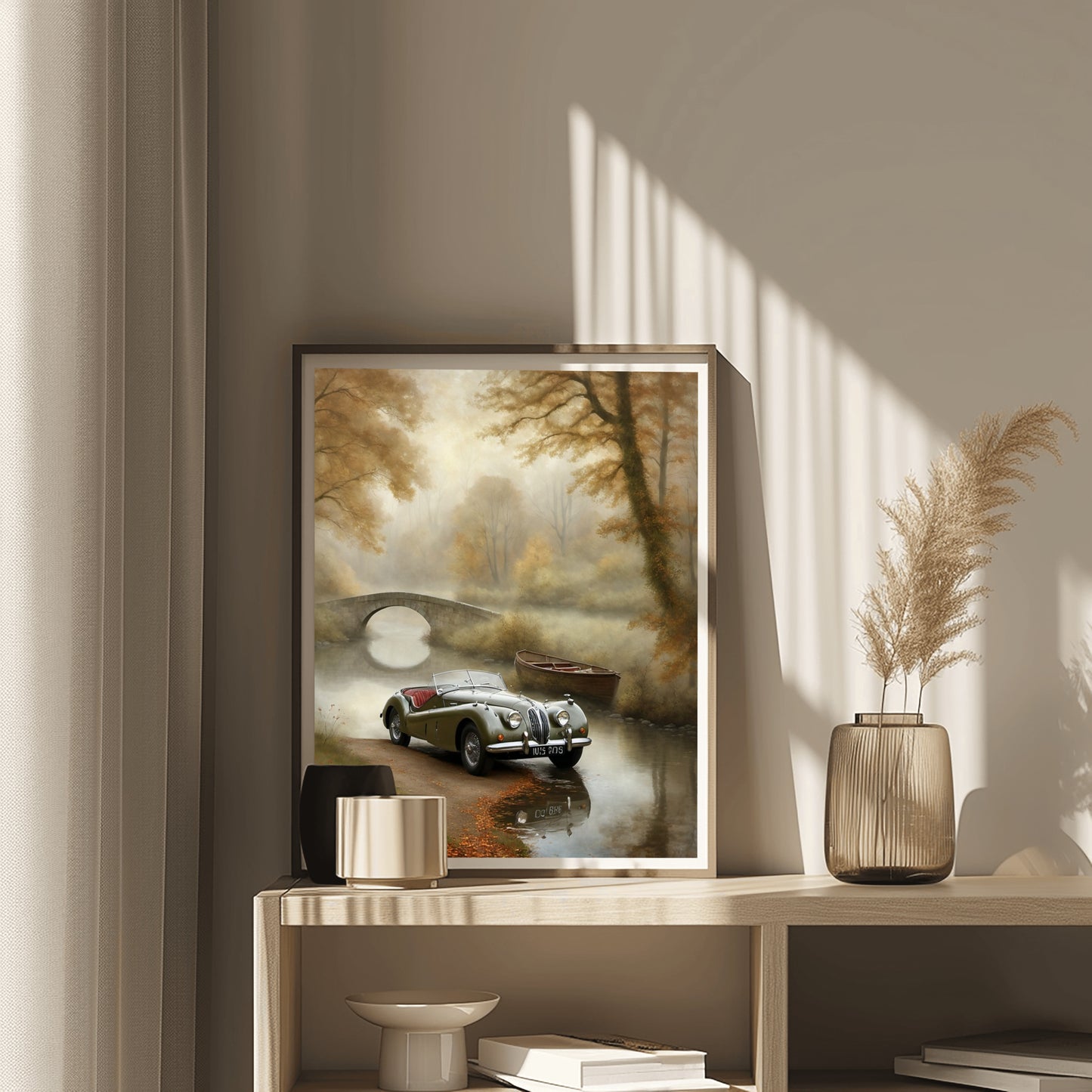 Misty riverside art print by AquilVision showing a vintage car and boat by a stone bridge in autumn