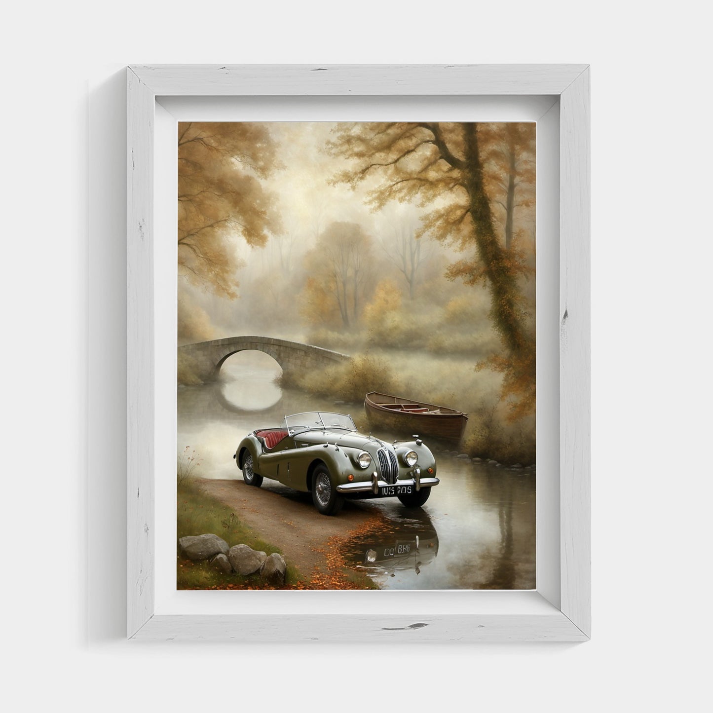 Misty riverside art print by AquilVision featuring a vintage car by a foggy river with a stone bridge and boat