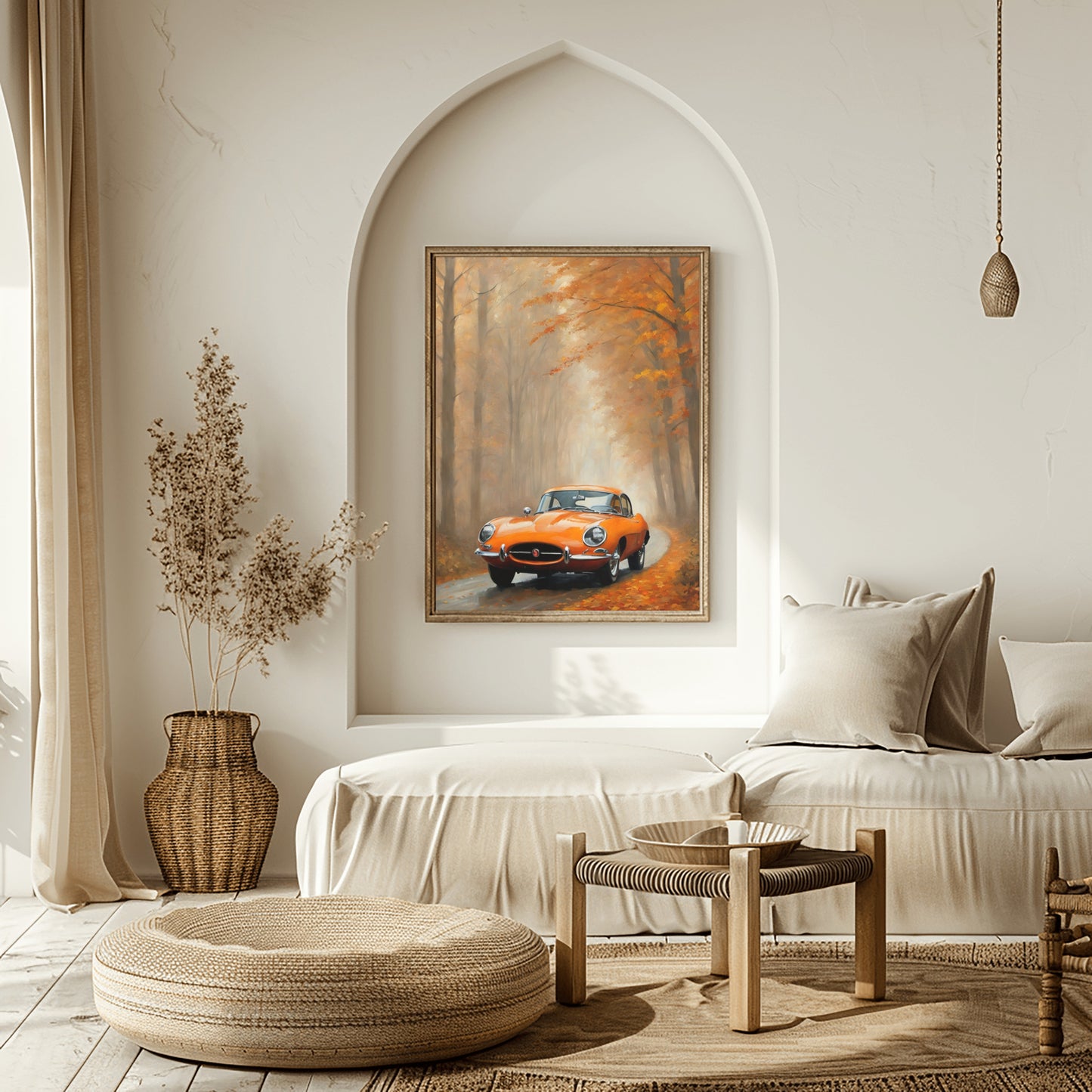Misty road landscape artwork featuring a vintage orange car on a tree-lined path by AquilVision