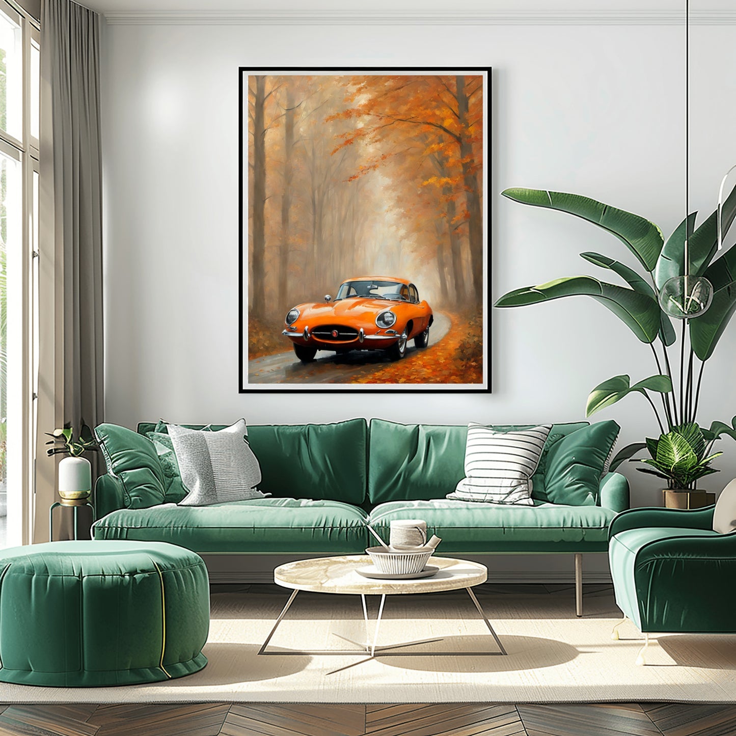 Misty road landscape artwork featuring a vintage orange car on an autumn forest road by AquilVision