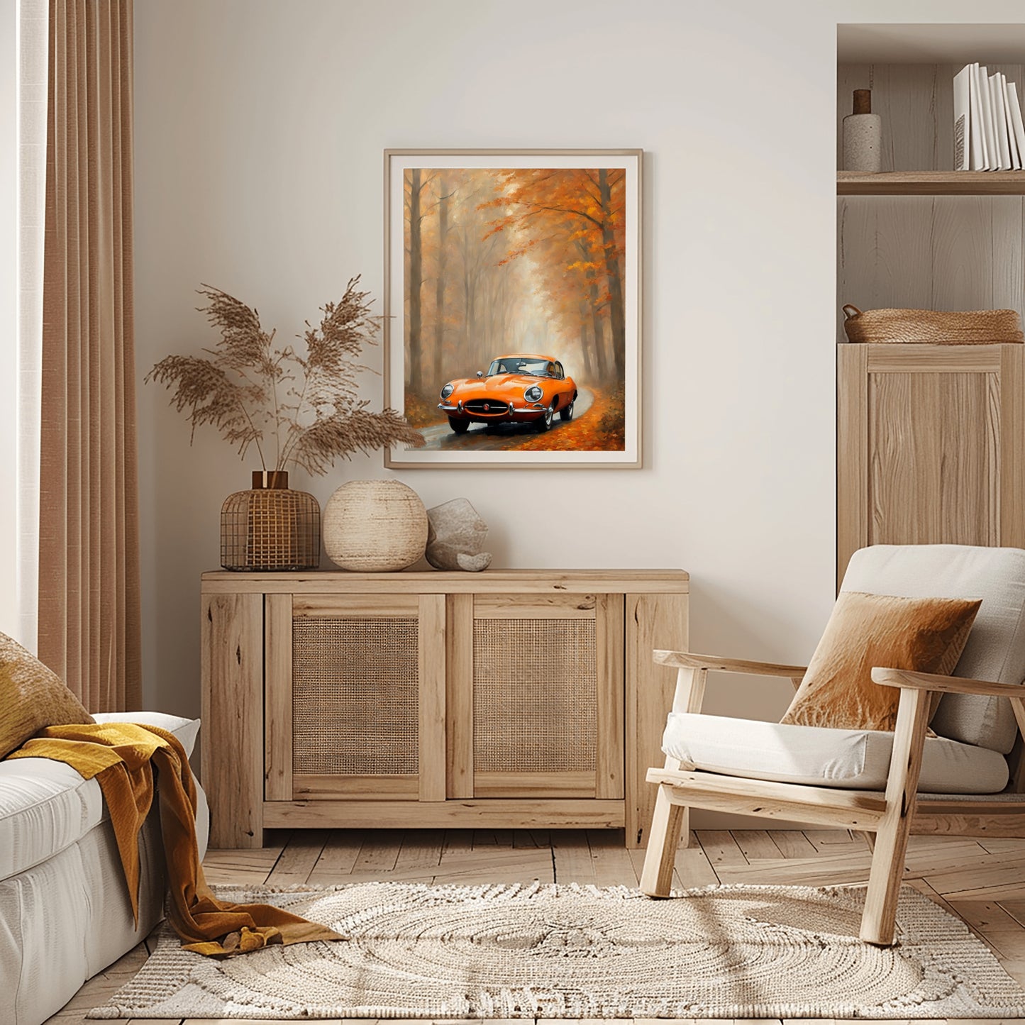 Misty road landscape artwork featuring a vintage orange car in autumn forest by AquilVision