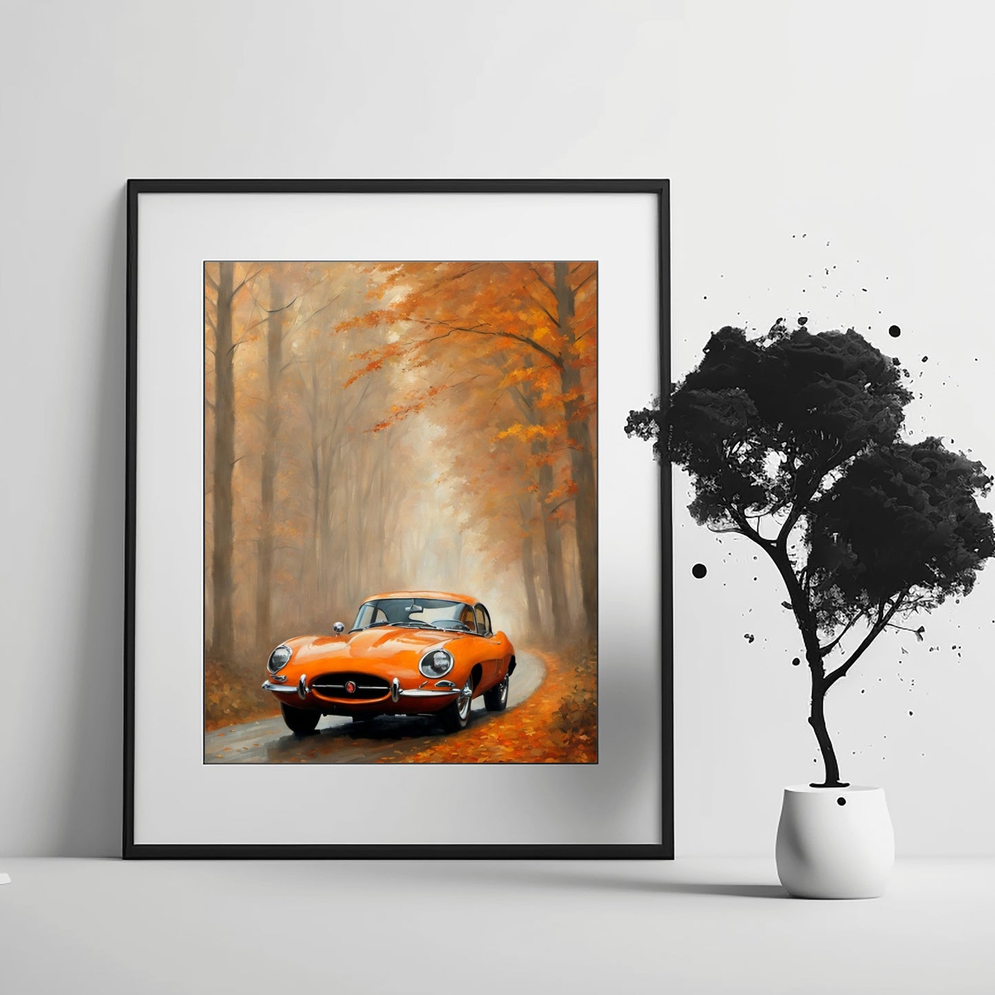 Misty road landscape artwork featuring a vintage orange car driving through autumn forest by AquilVision
