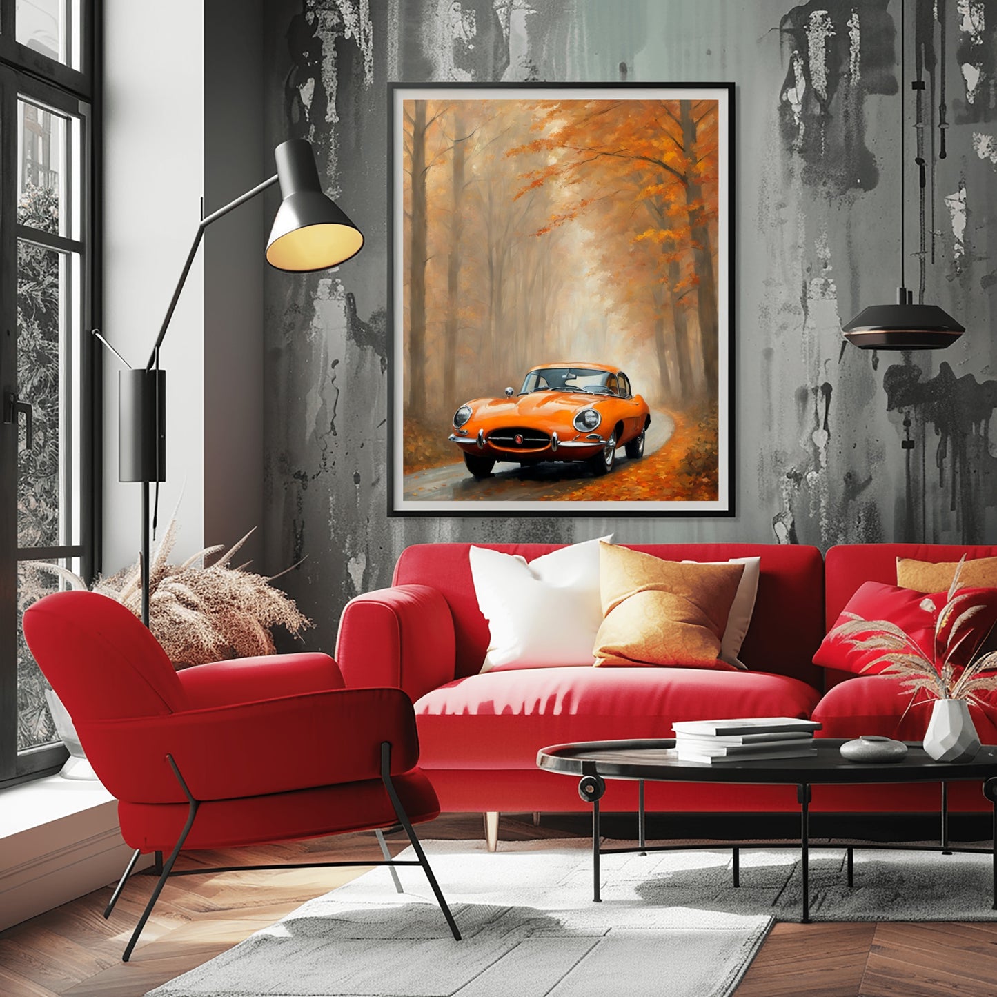 Misty road landscape artwork featuring an orange vintage car on a foggy autumn forest road by AquilVision