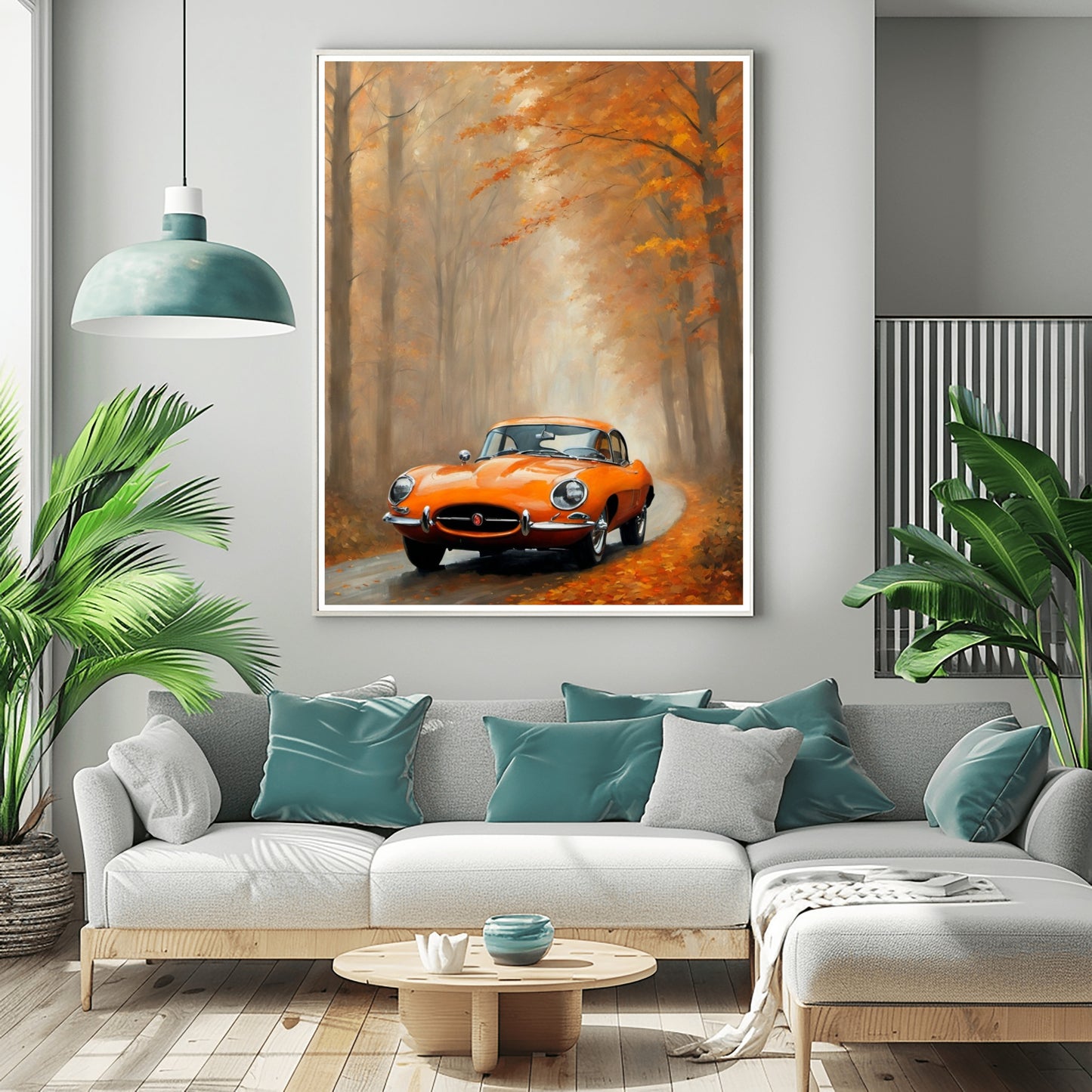 Misty road landscape artwork featuring an orange vintage car on a foggy autumn forest road