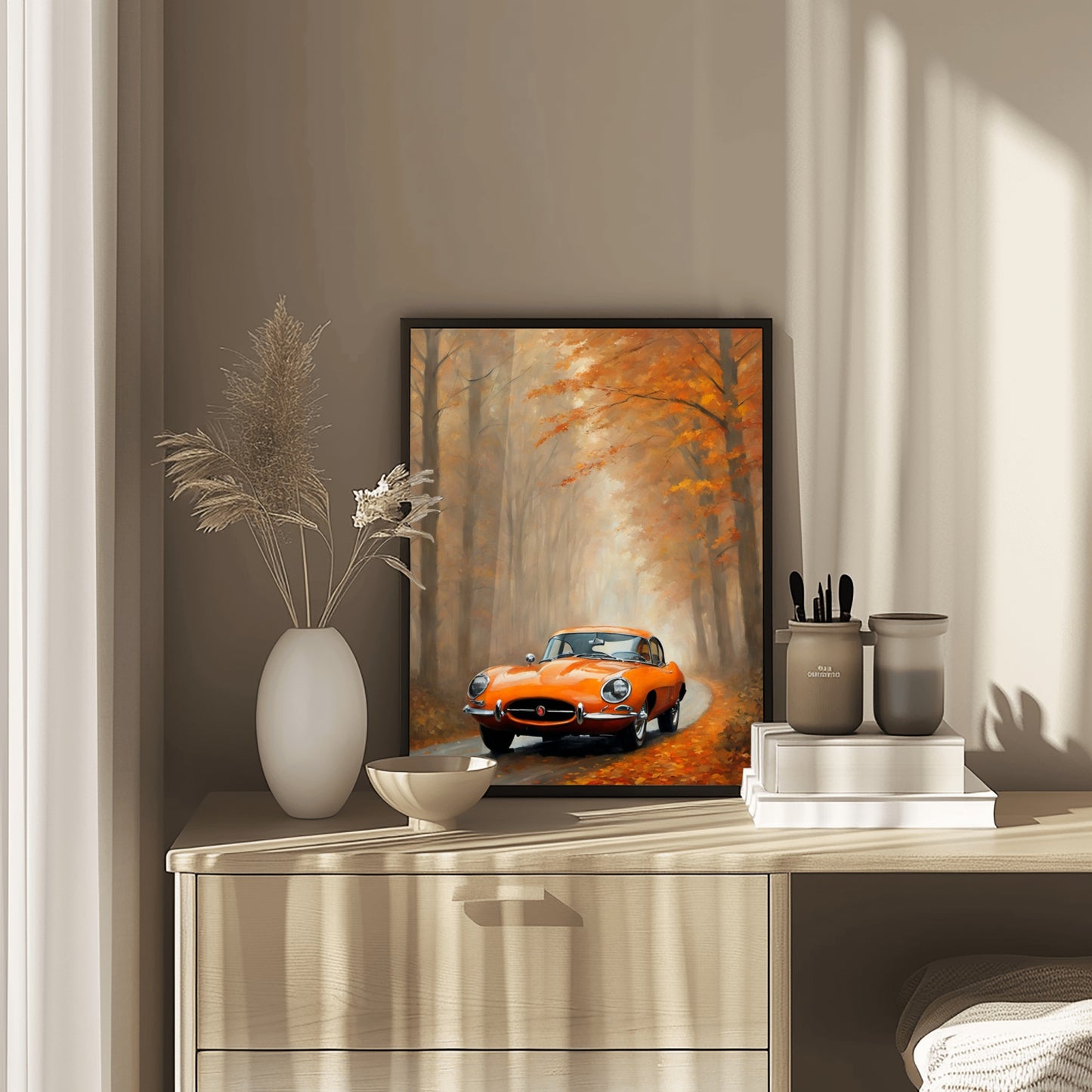 Misty road landscape artwork featuring an orange classic car in autumn forest by AquilVision