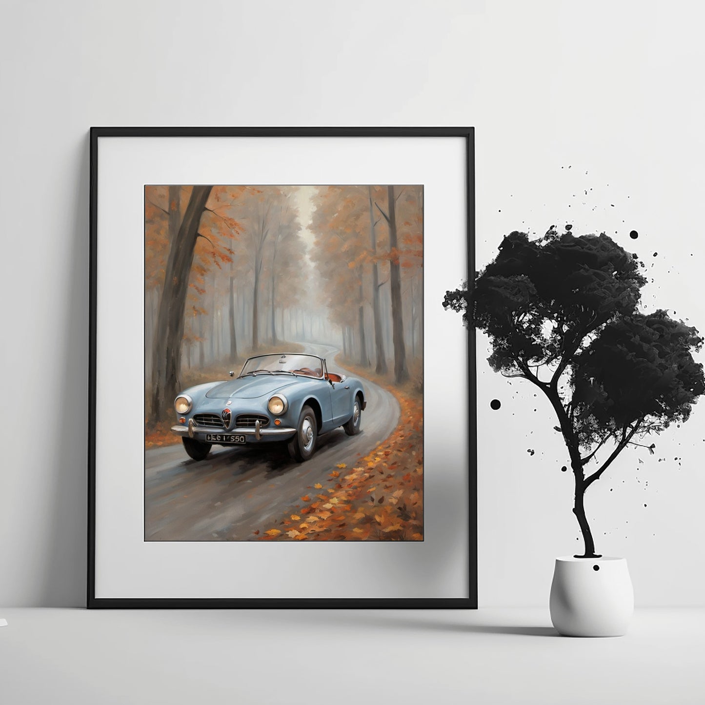 AquilVision moody forest oil painting print featuring a vintage blue car driving on a winding autumn road
