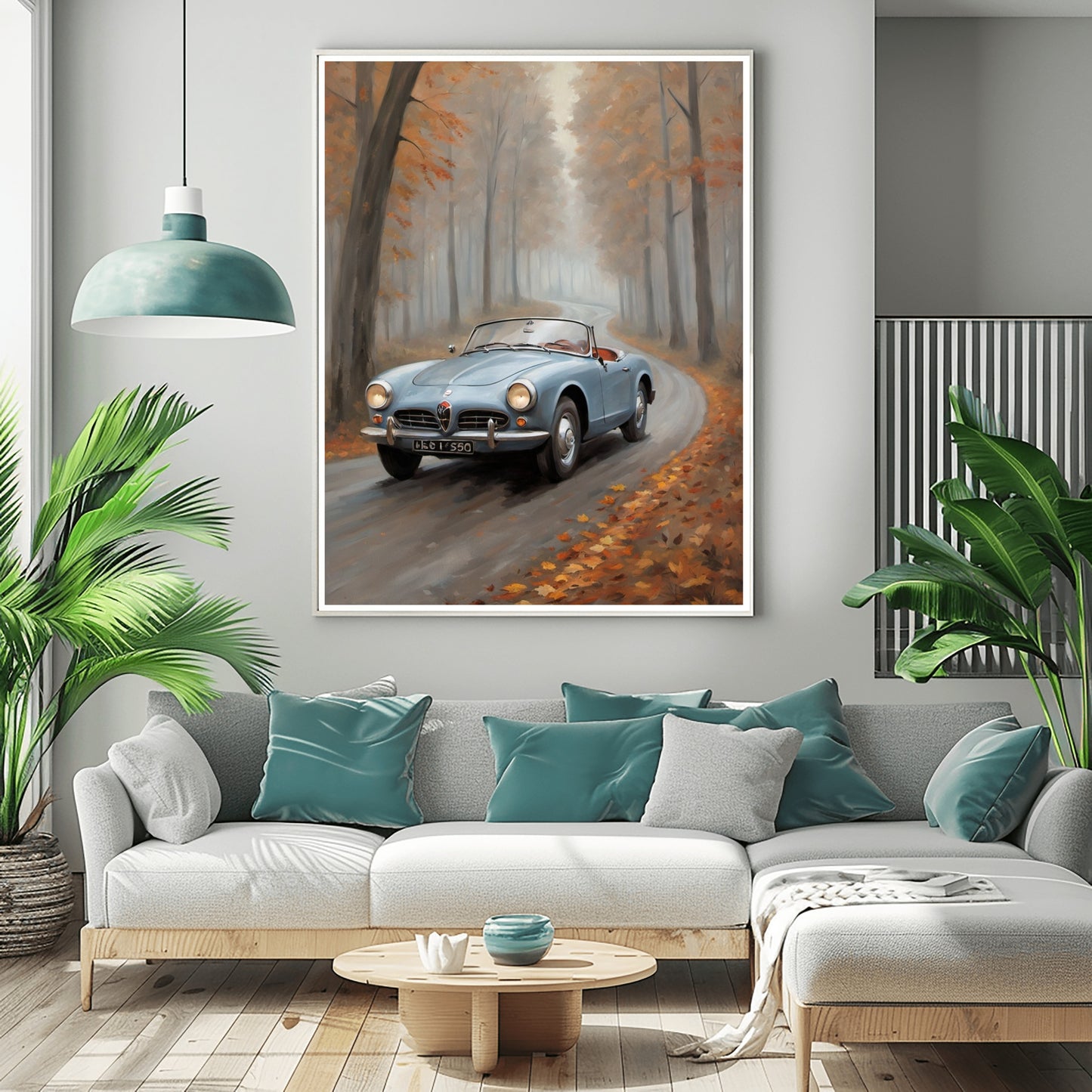 AquilVision moody forest oil painting print featuring a vintage blue car driving on a foggy autumn road