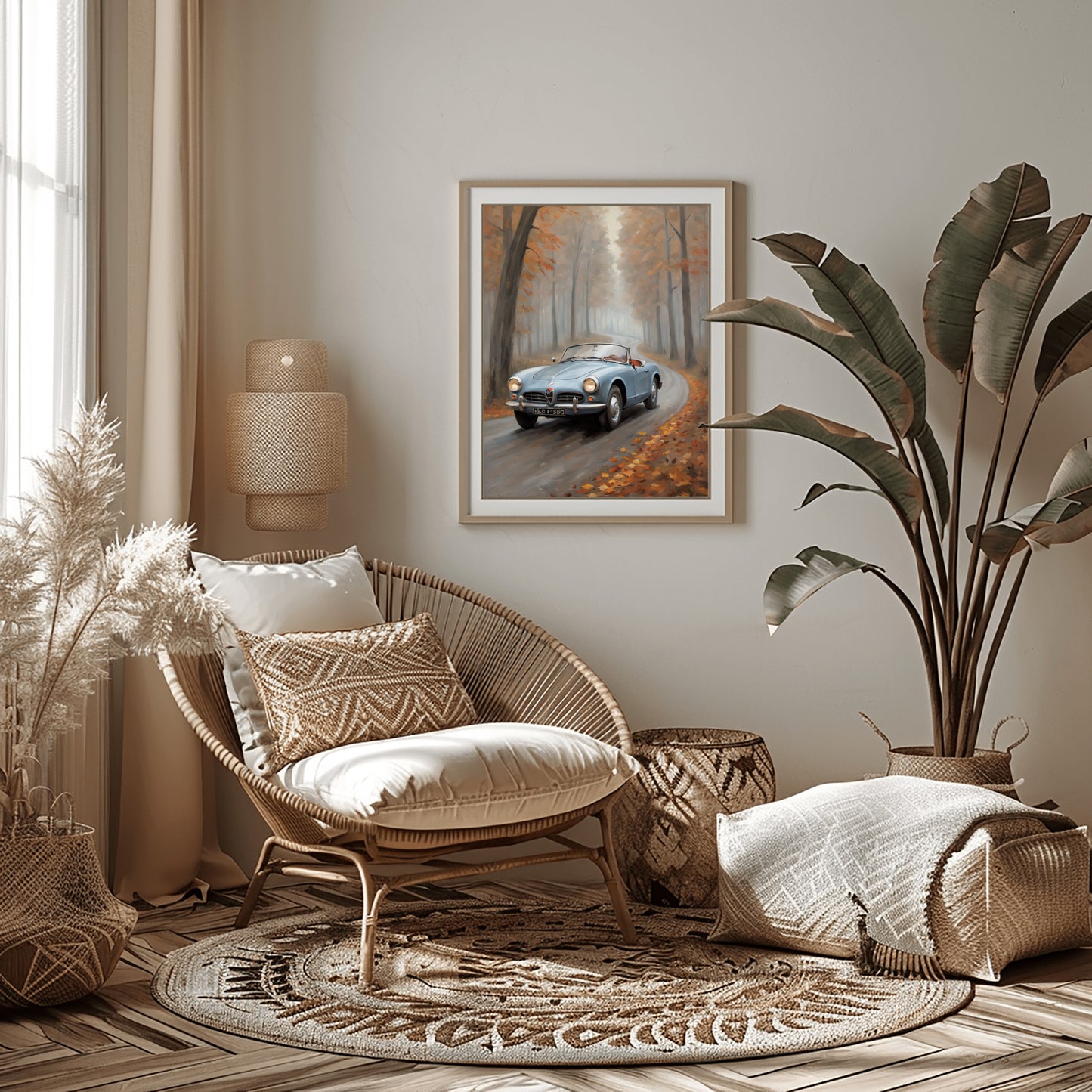 moody forest oil painting print showing a vintage car driving through autumn trees in a framed artwork