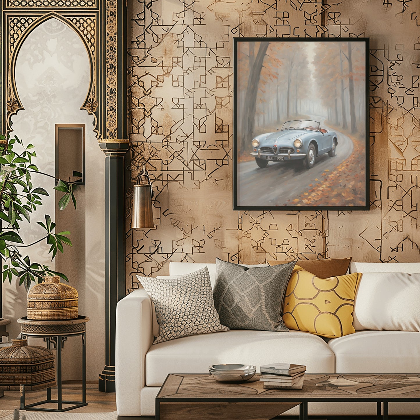 Moody forest oil painting print of a vintage car driving through foggy autumn woods hanging above a white sofa