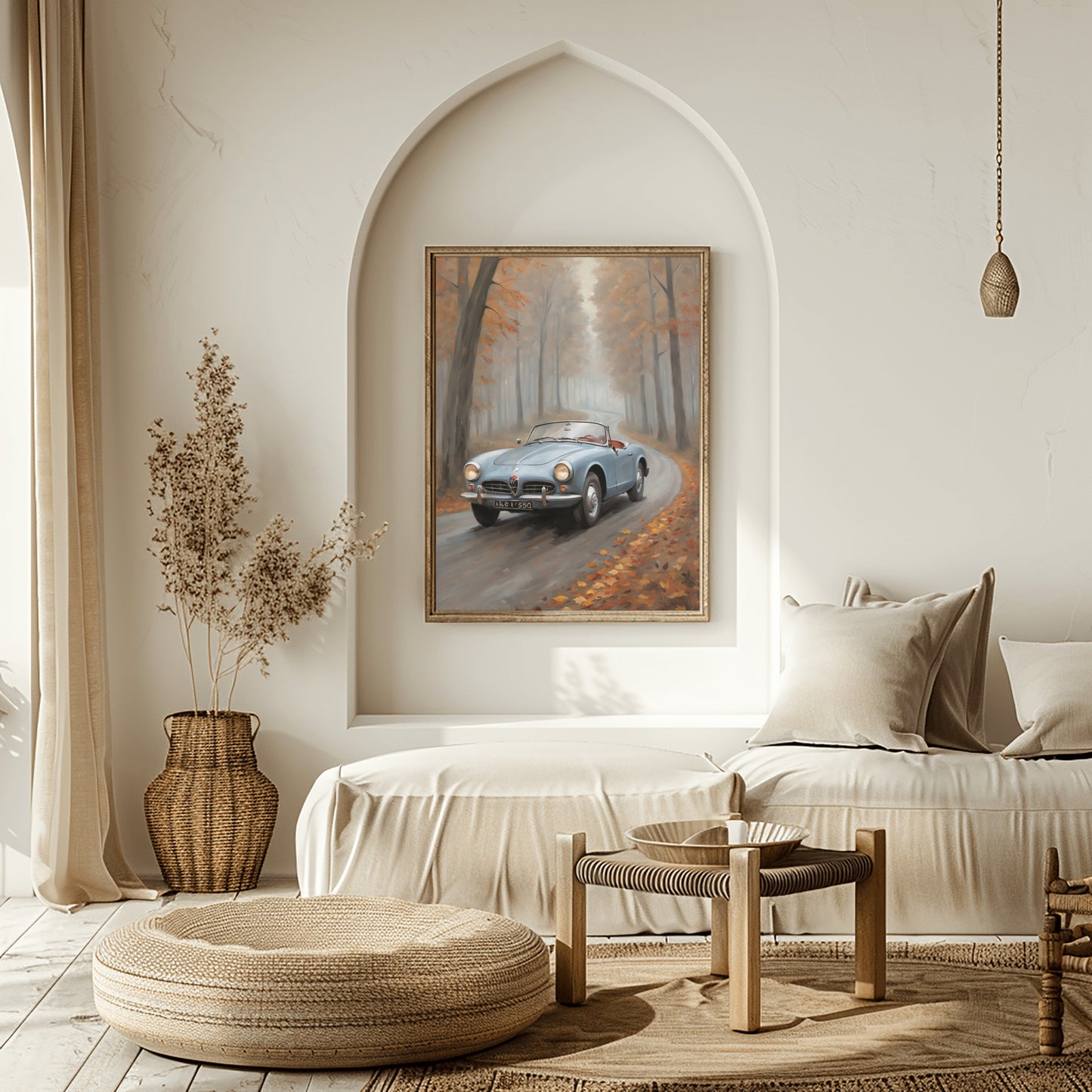 Moody forest oil painting print of a vintage car on a foggy autumn road in a cozy living room