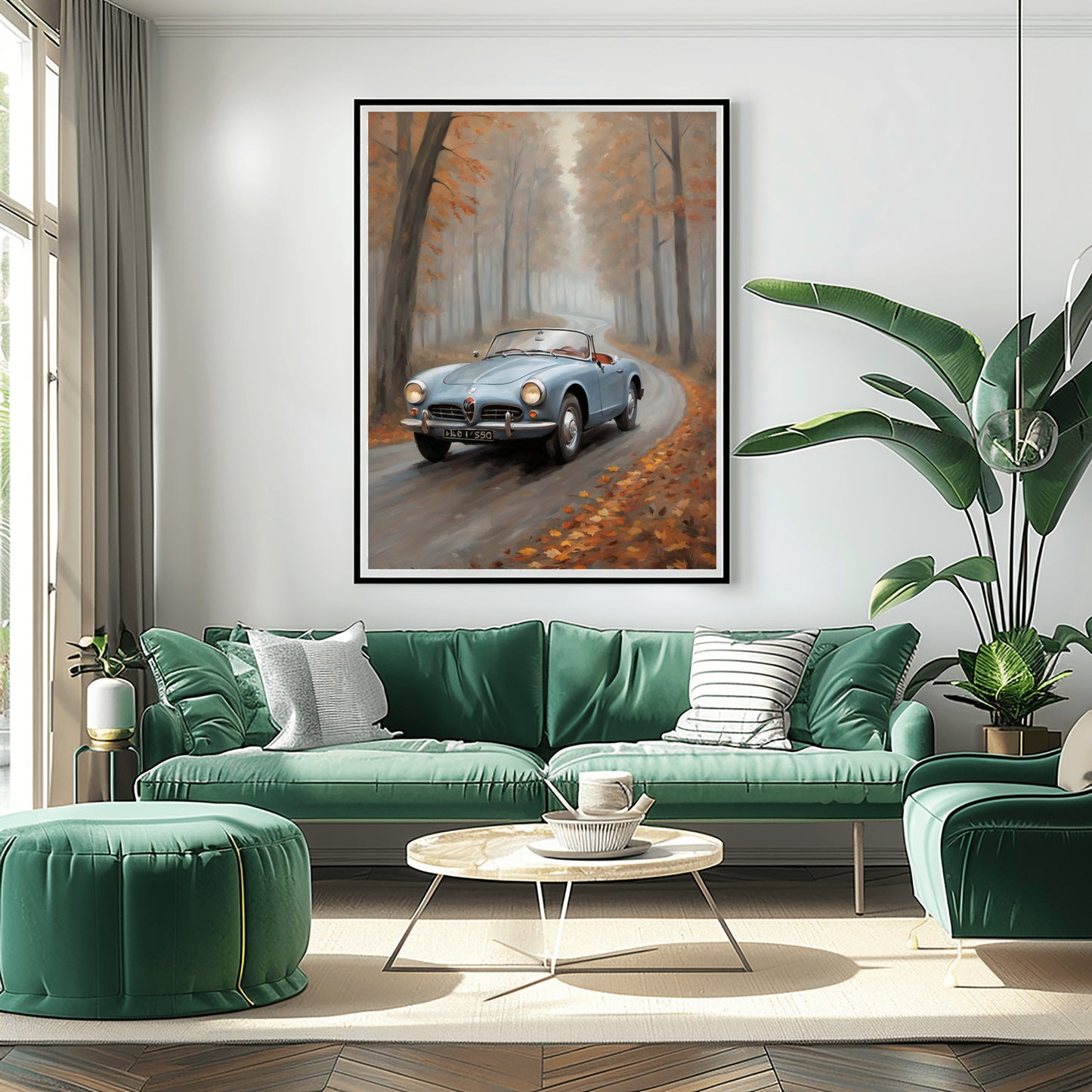 Moody forest oil painting print featuring a vintage car on a winding road in autumn colors above green sofa