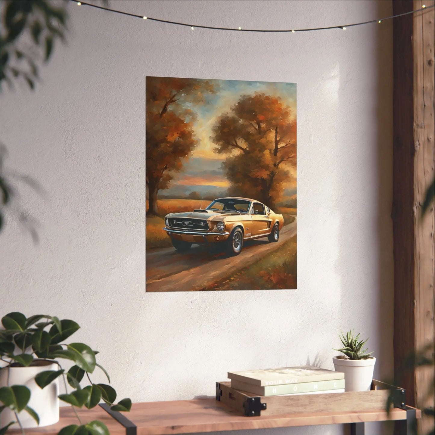 Classic muscle car poster featuring a vintage car on a scenic autumn road