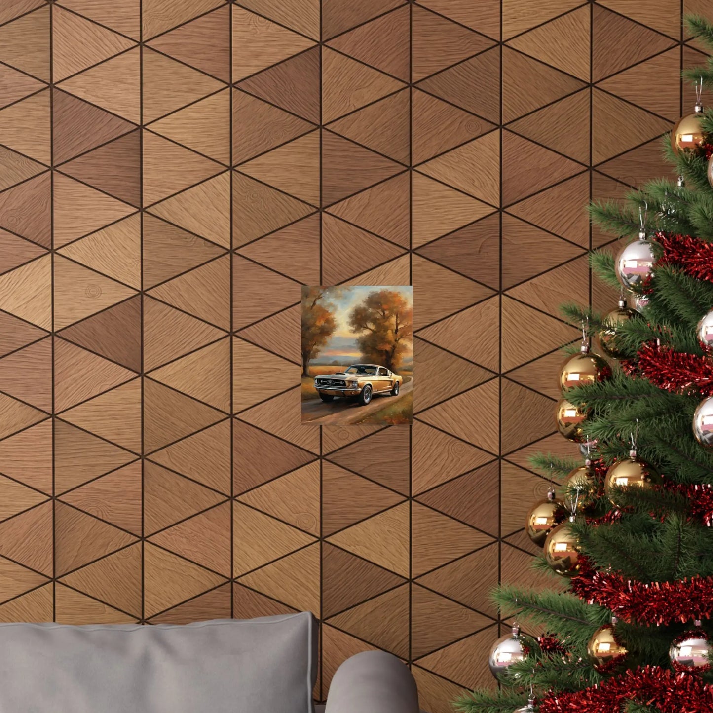 Stylish muscle car poster framed on a geometric wooden wall with a holiday tree in the foreground