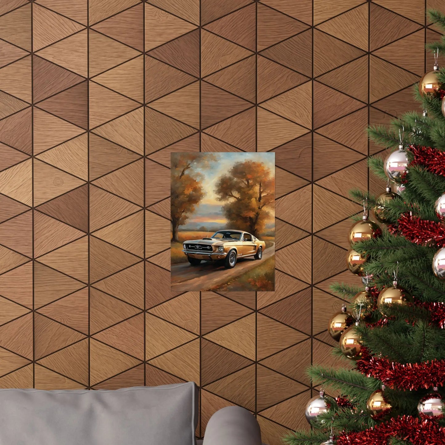 Stylish muscle car poster displayed on a textured wall with holiday decor