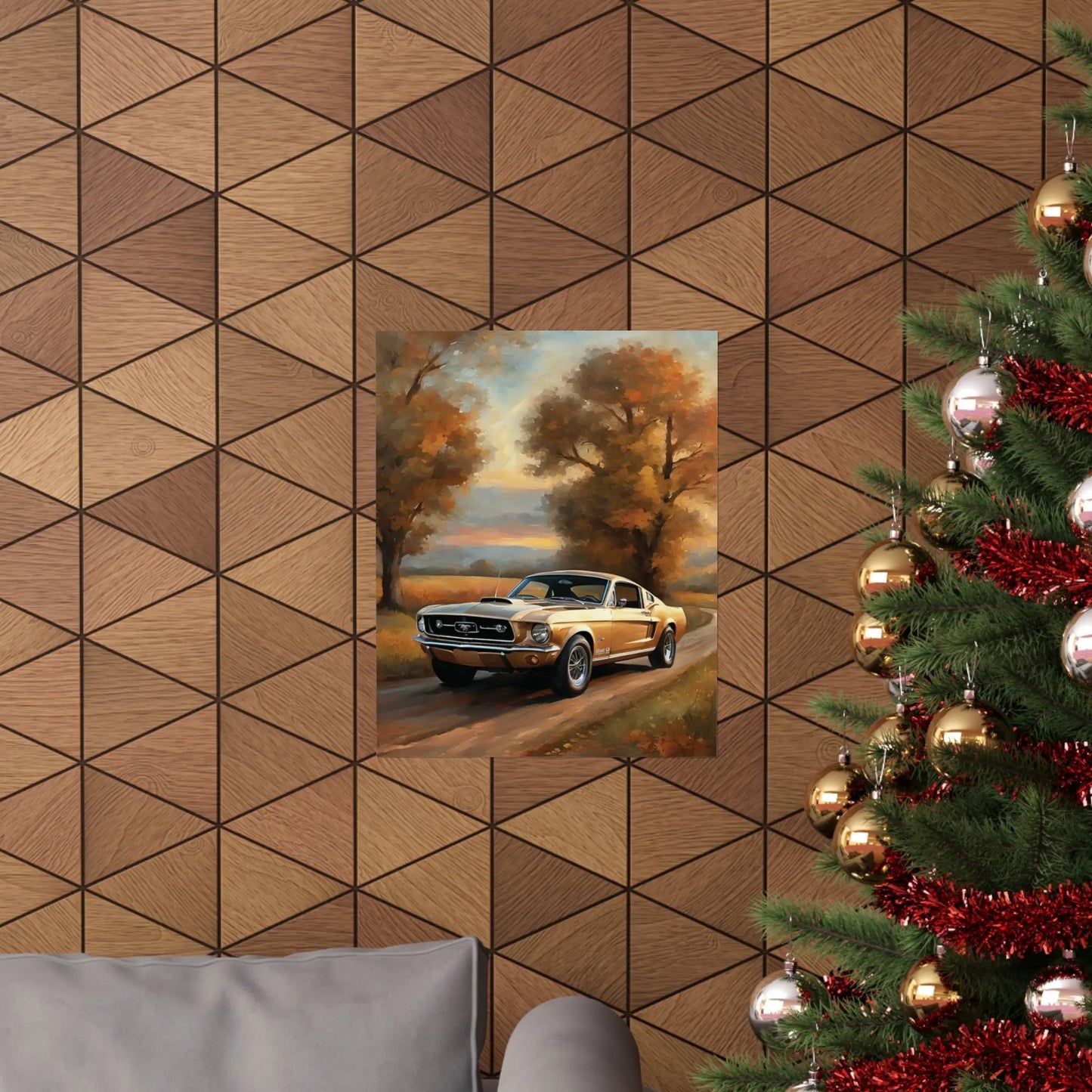 Vintage muscle car poster showcasing a golden car on a scenic road with autumn trees