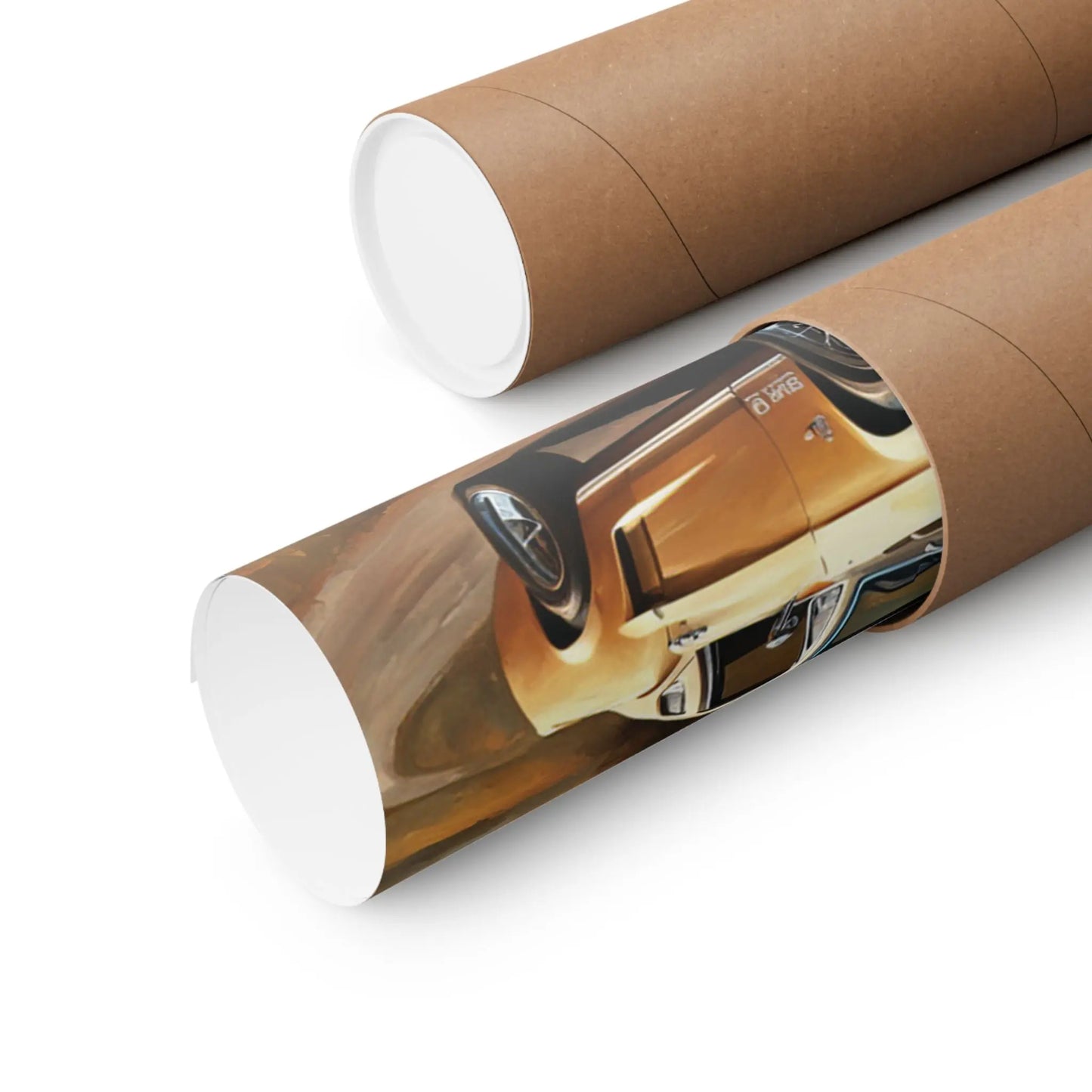 Muscle car poster rolled and packaged in a protective tube for easy storage and display
