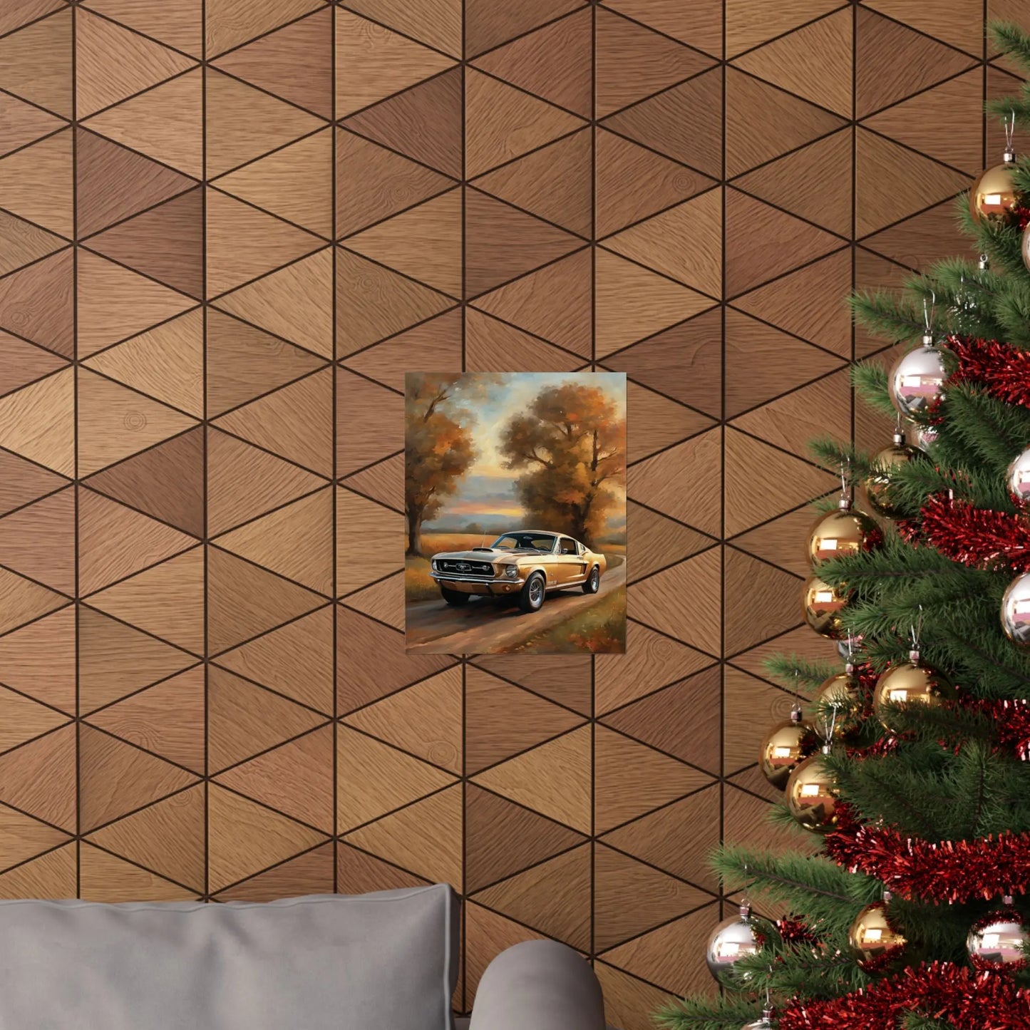 Vintage muscle car poster displayed on a textured wood wall with a Christmas tree in the foreground