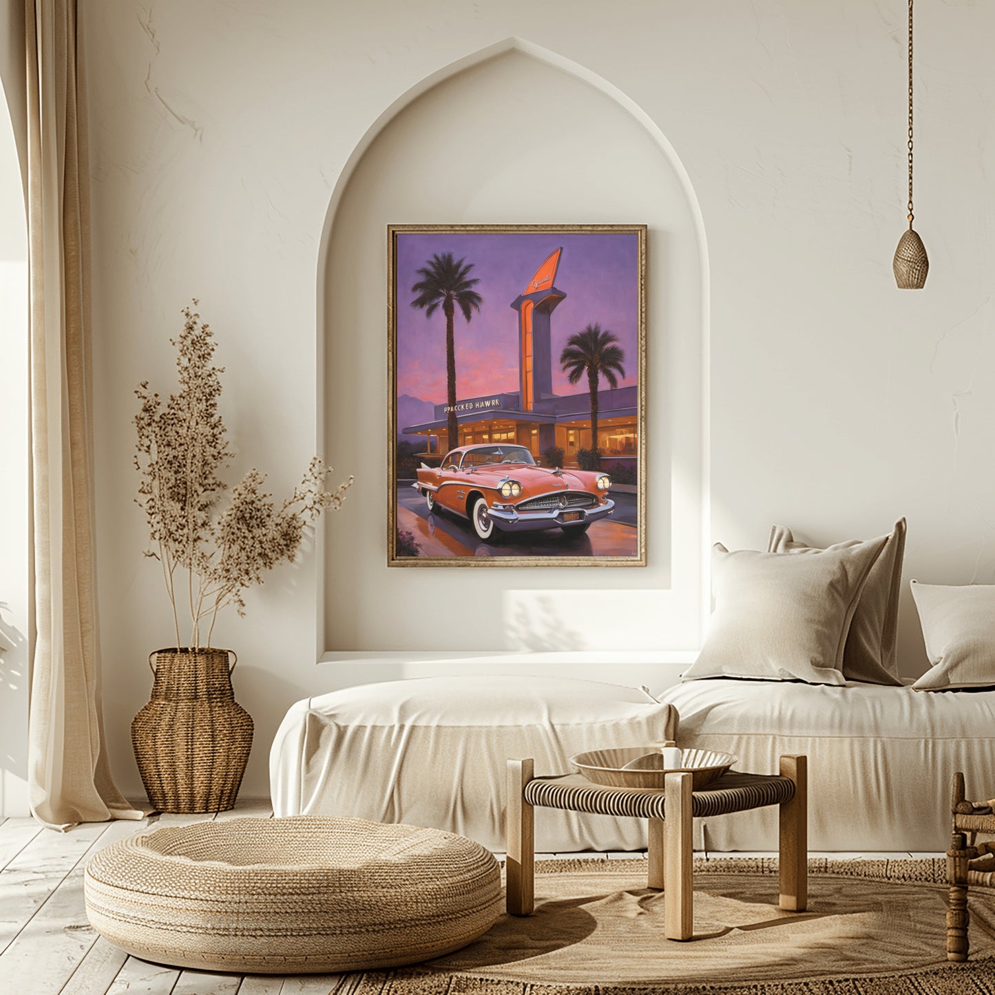 Neon hotel entrance artwork featuring vintage car and palm trees displayed in modern living room