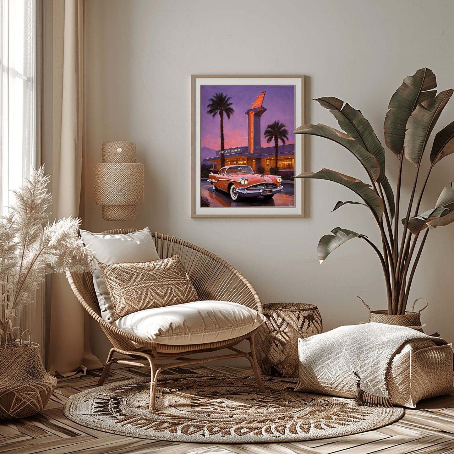 Neon hotel entrance artwork framed on wall above chair in cozy modern living room by AquilVision