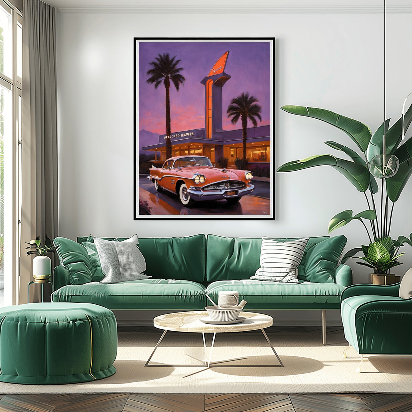 AquilVision neon hotel entrance artwork featuring a vintage car and palm trees in a modern living room