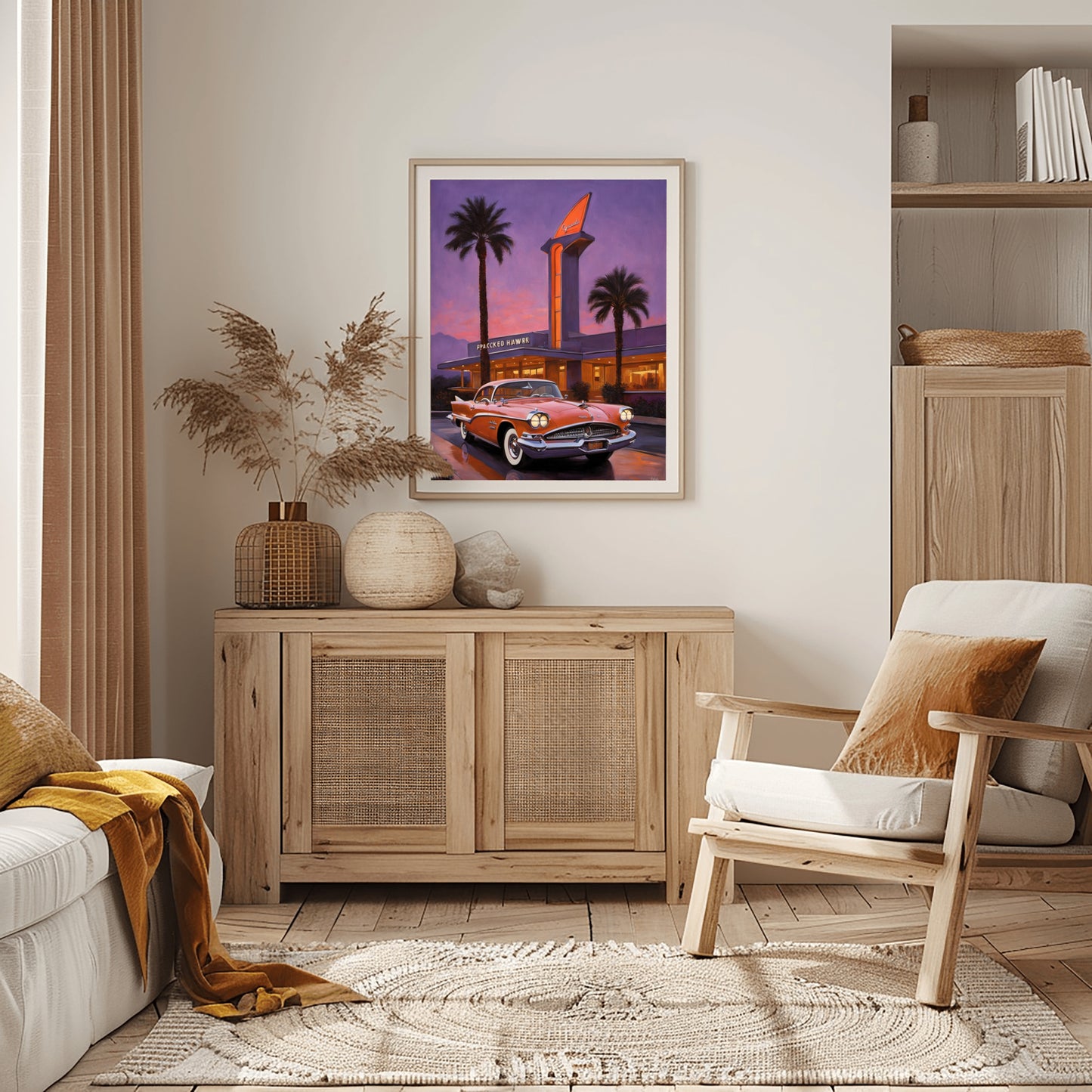 Neon hotel entrance artwork by AquilVision featuring vintage car and palm trees in a cozy modern living room