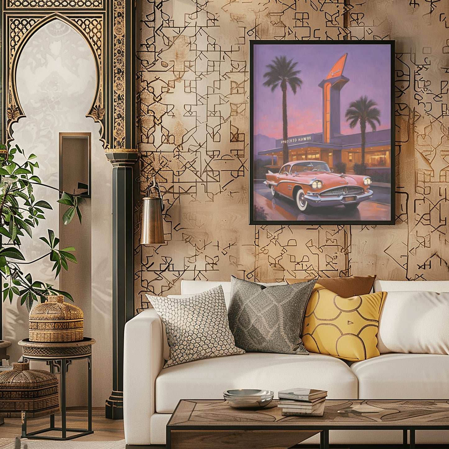 Neon hotel entrance artwork displayed above a white couch in a stylish living room with patterned pillows and plants