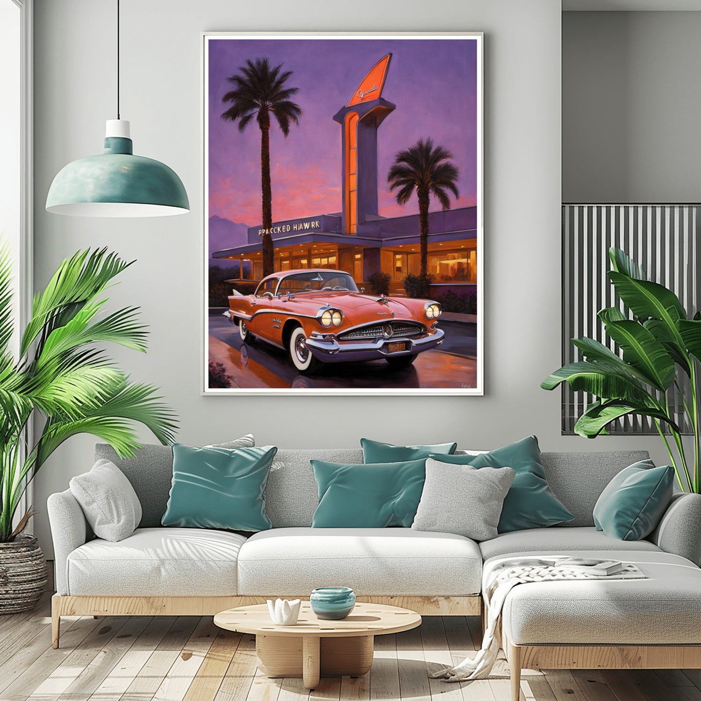 neon hotel entrance artwork featuring a classic car and palm trees in vibrant purple and orange tones