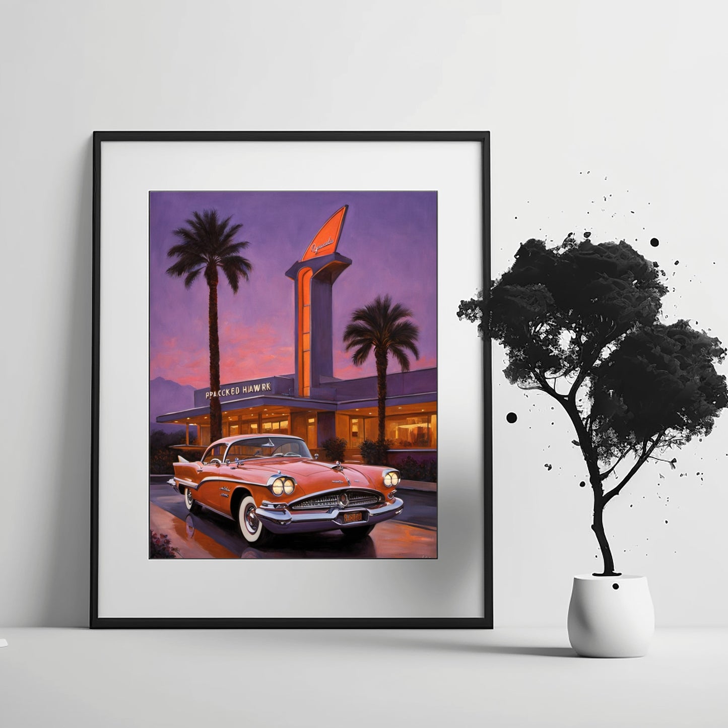 Framed digital neon hotel entrance artwork featuring a vintage car and palm trees at dusk