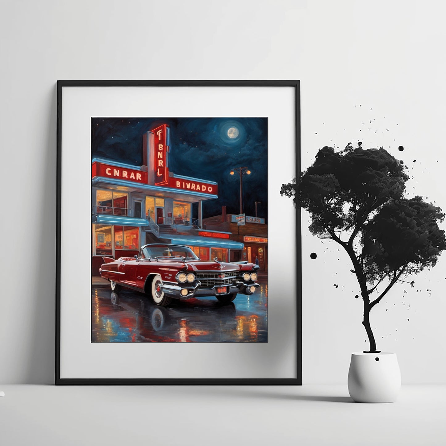 Neon night diner artwork by AquilVision featuring a classic red car parked in front of a glowing retro diner at night