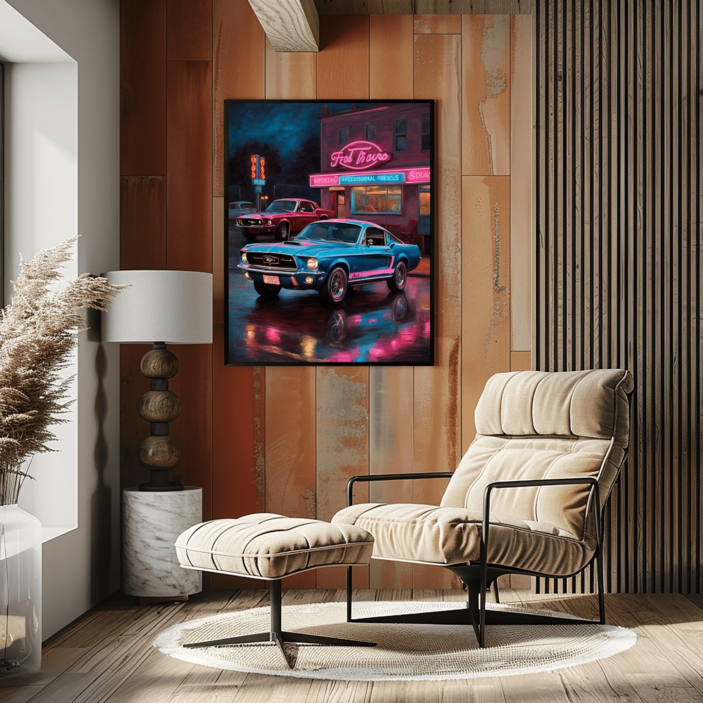Neon nights urban car print featuring a classic car with vibrant neon city reflections in a modern living room