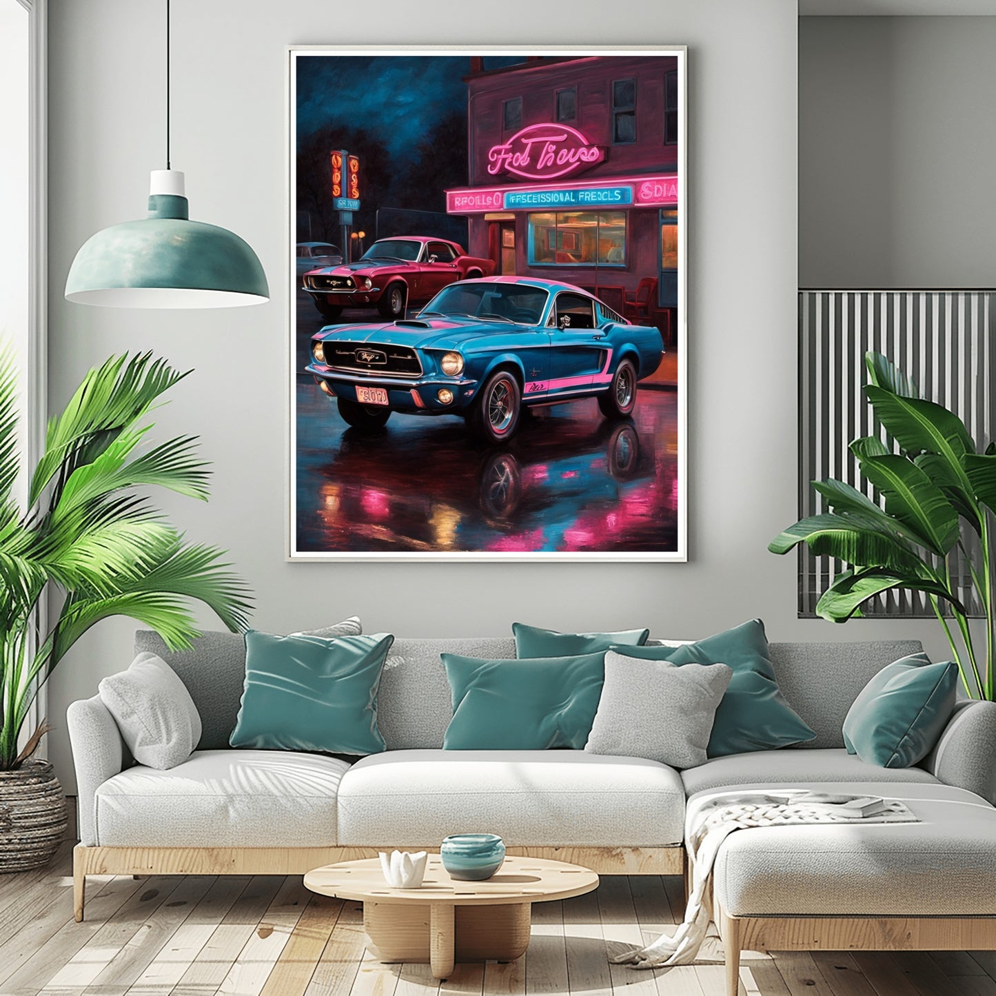 Neon nights urban car print featuring classic cars with vibrant neon city lights by AquilVision