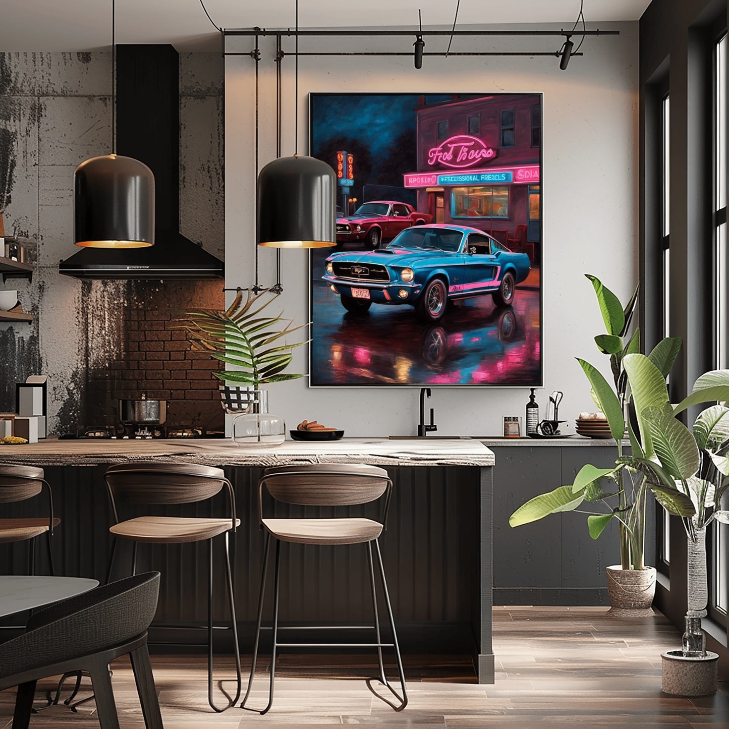 Neon nights urban car print by AquilVision displayed on kitchen wall with bar stools and modern decor