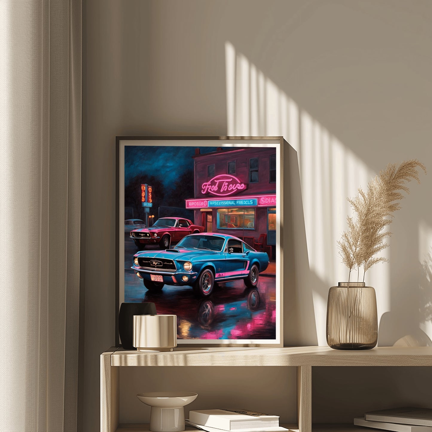 neon nights urban car print digital artwork by AquilVision showing classic cars with neon lights in a vibrant city scene