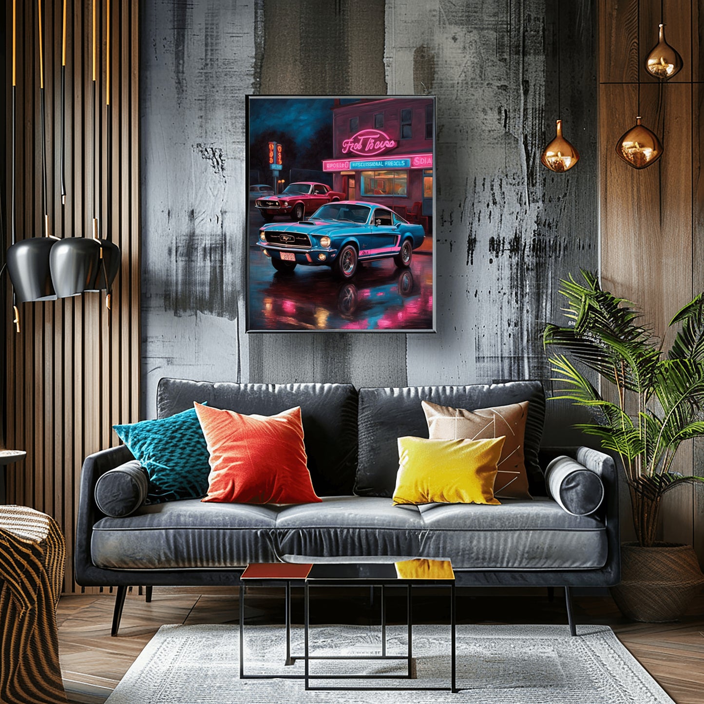 Neon nights urban car print digital artwork by AquilVision displayed above modern living room sofa