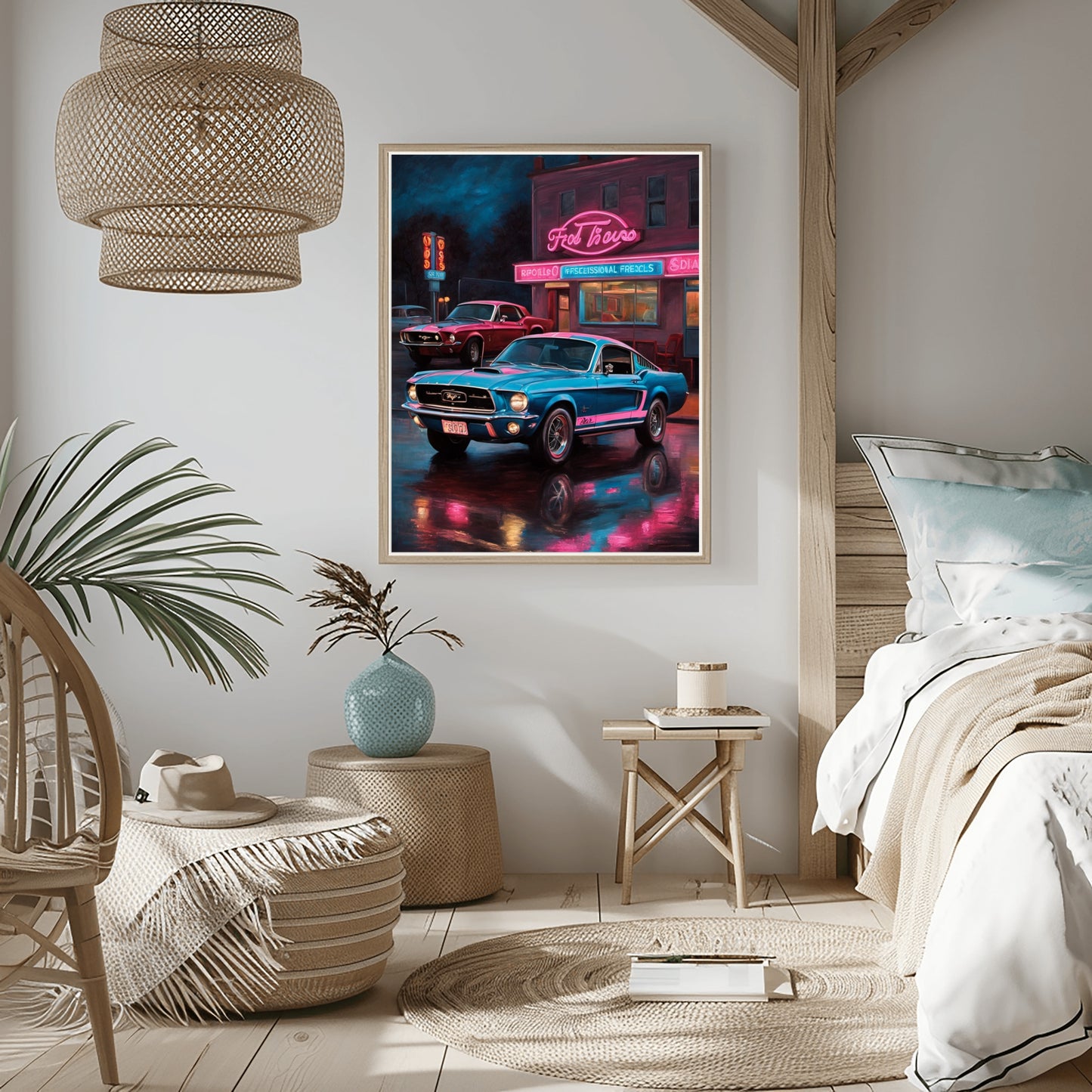 Neon nights urban car print digital artwork by AquilVision displayed in cozy modern bedroom