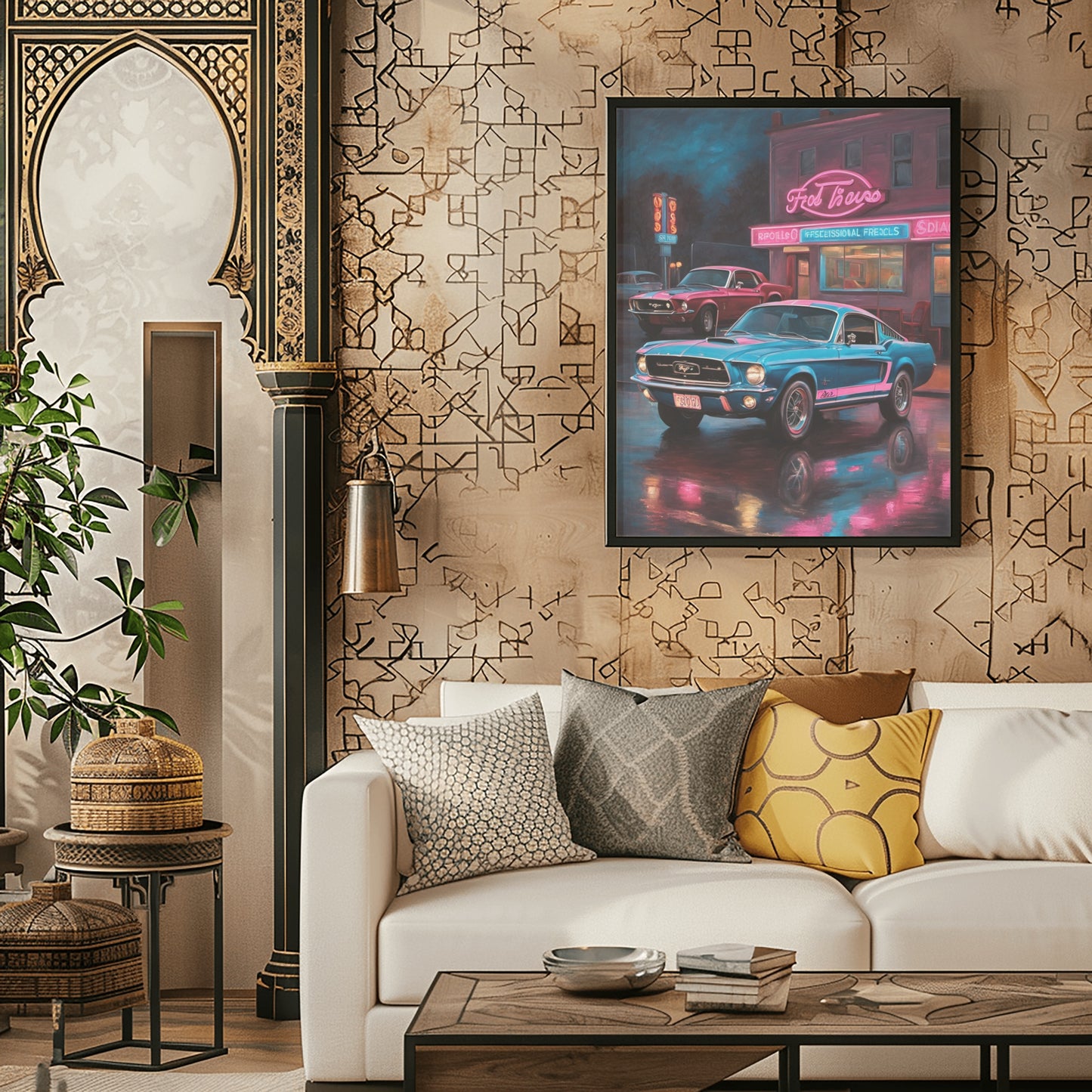 neon nights urban car print framed digital artwork hanging above sofa in stylish living room