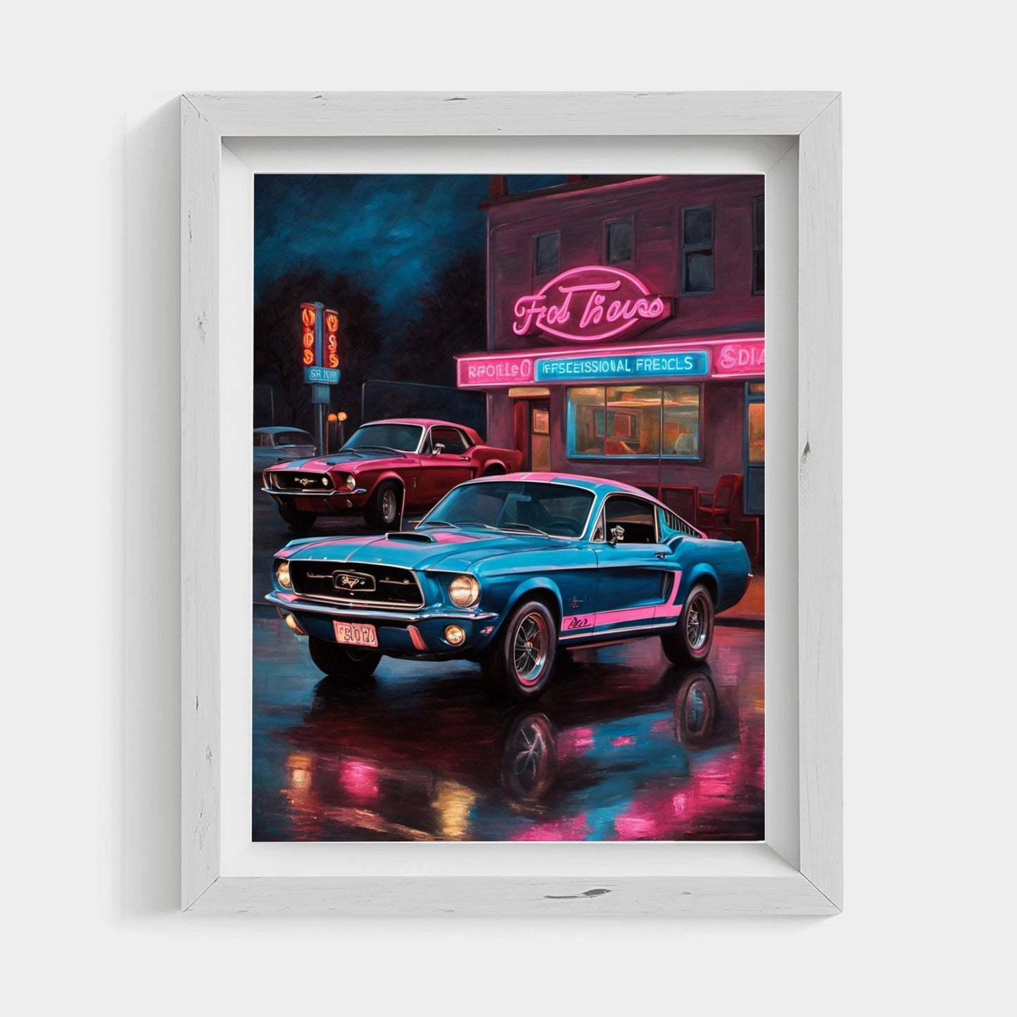 Neon nights urban car print featuring vintage blue and red cars in a city street scene