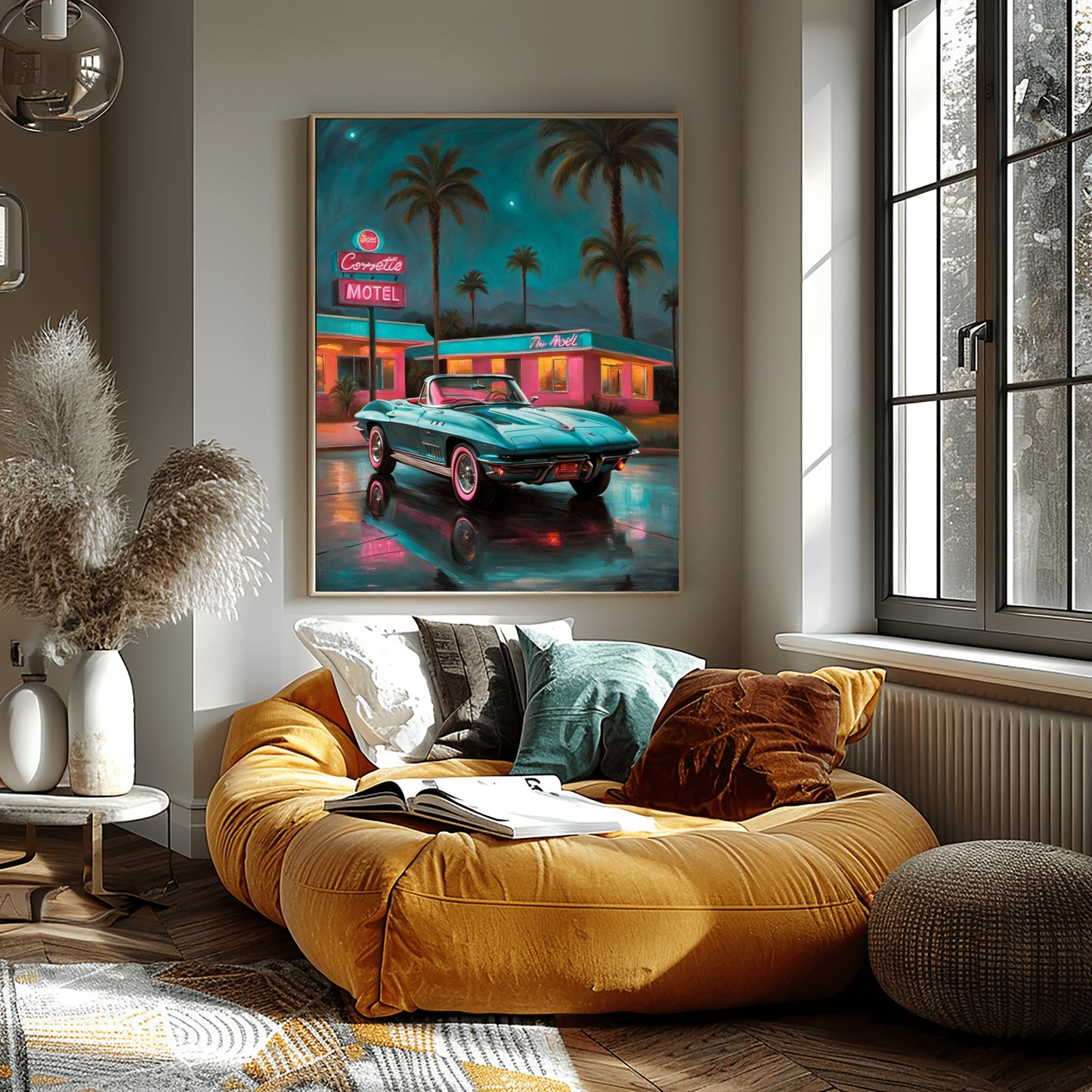 AquilVision digital print of turquoise Corvette by neon motel and palm trees reflecting on street neon night scene wall art