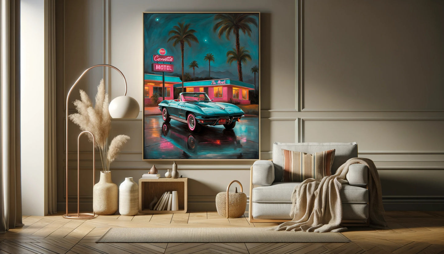 AquilVision digital neon night scene wall art of retro convertible by neon motel and palm trees for living room decor
